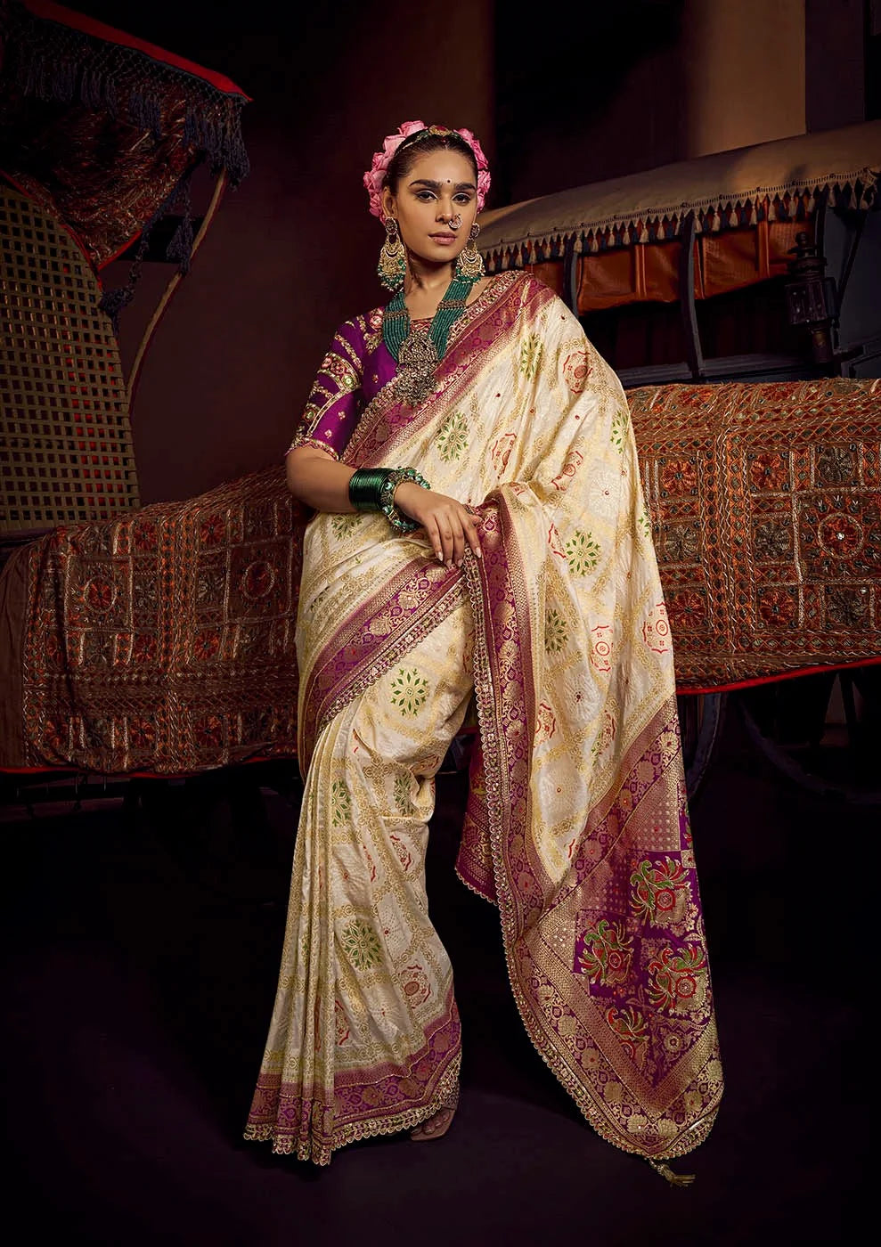 Viscose Dola Silk Off White With Embroidery Work
