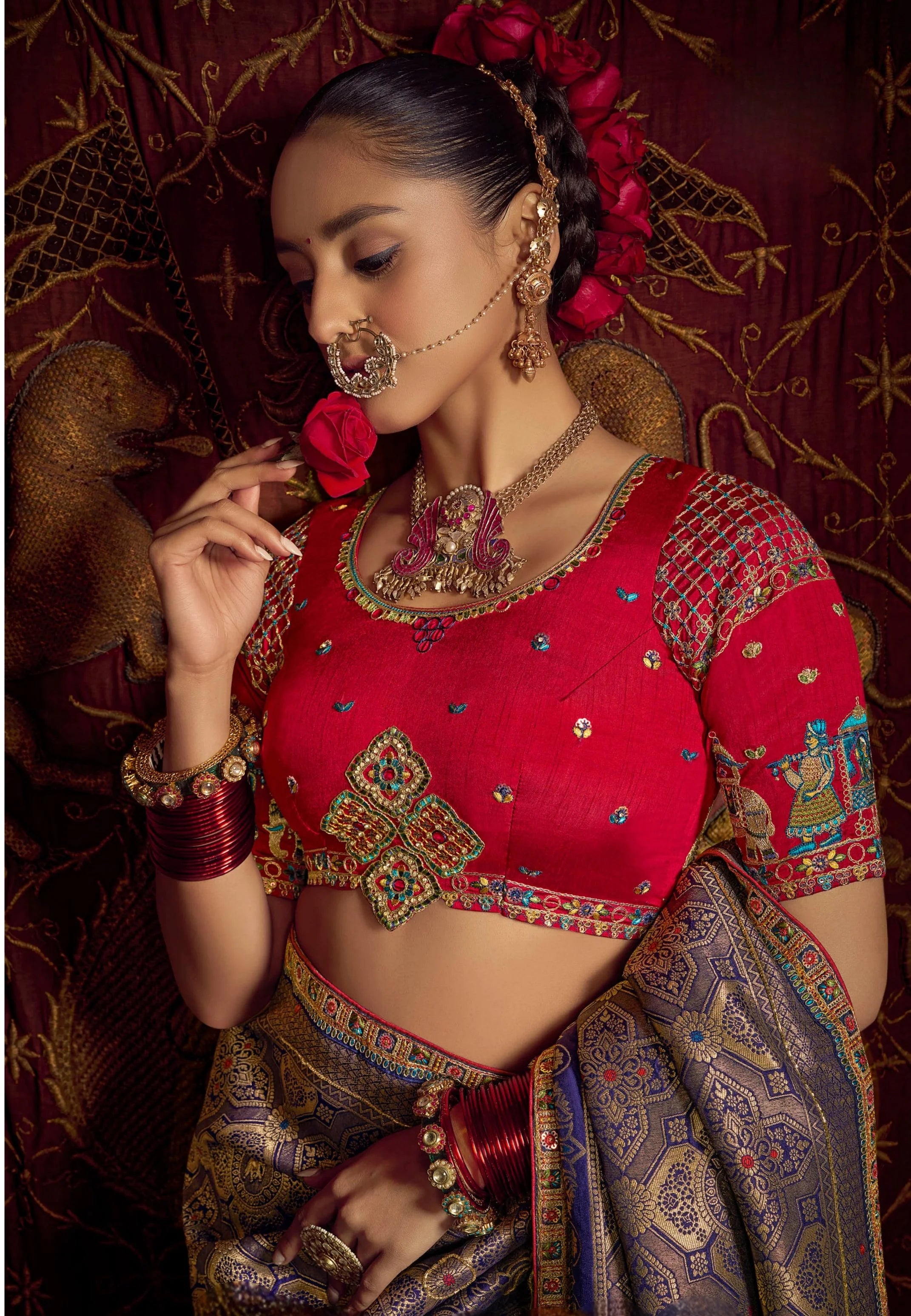 Viscose Dola Silk Dark Blue With Embroidery Work