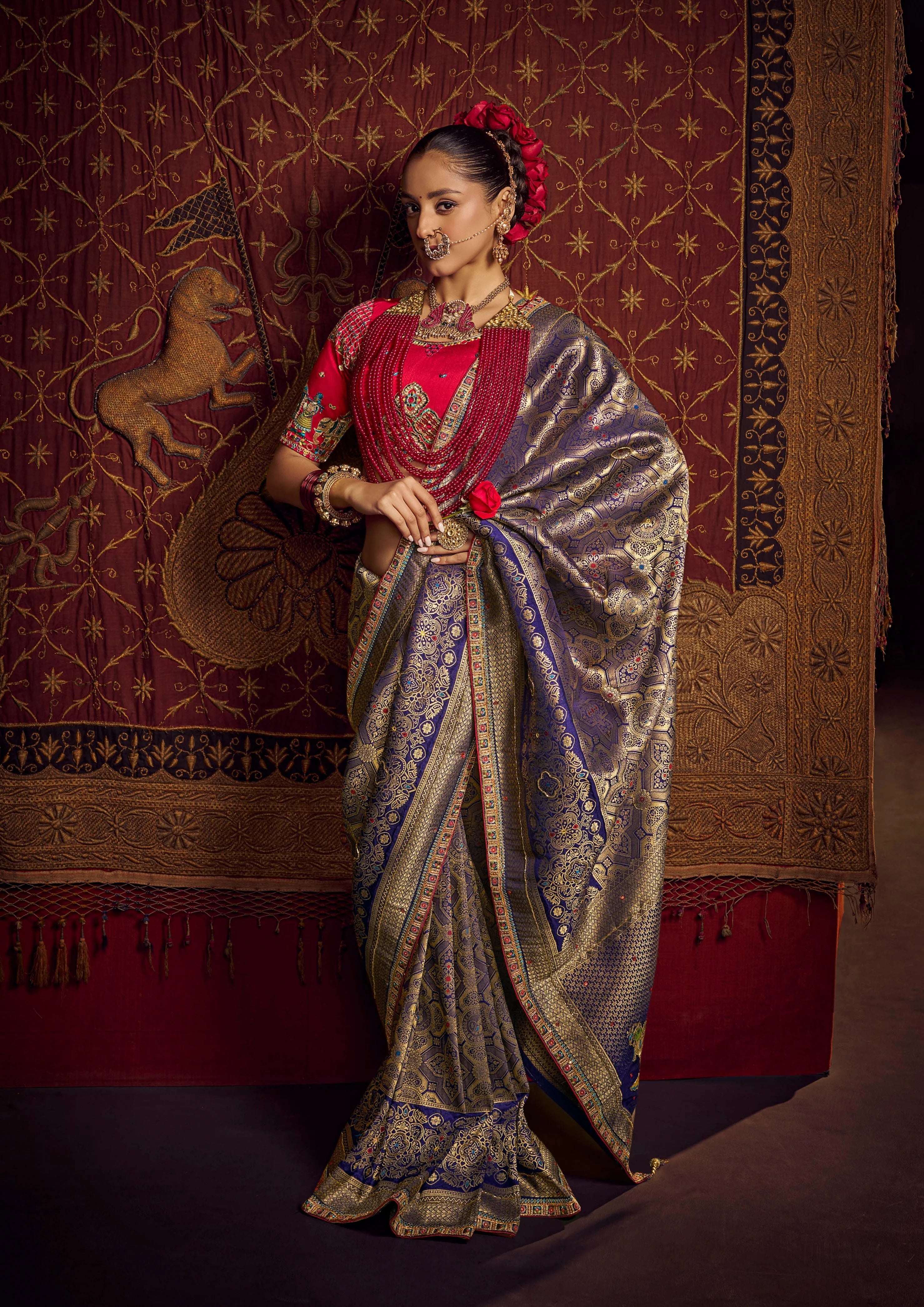 Viscose Dola Silk Dark Blue With Embroidery Work