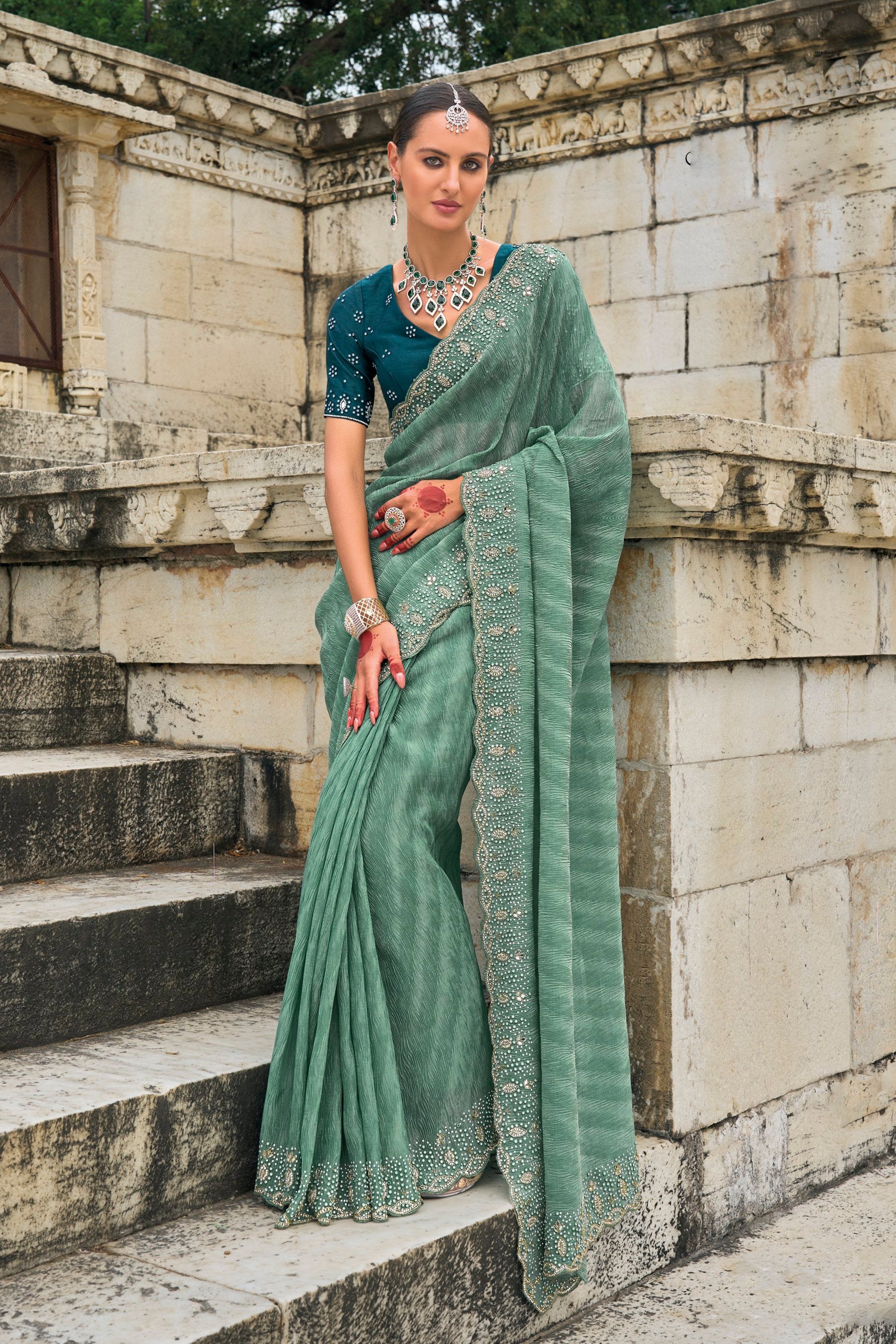Sea Green Pure Crush Tissue Heavy Work Saree