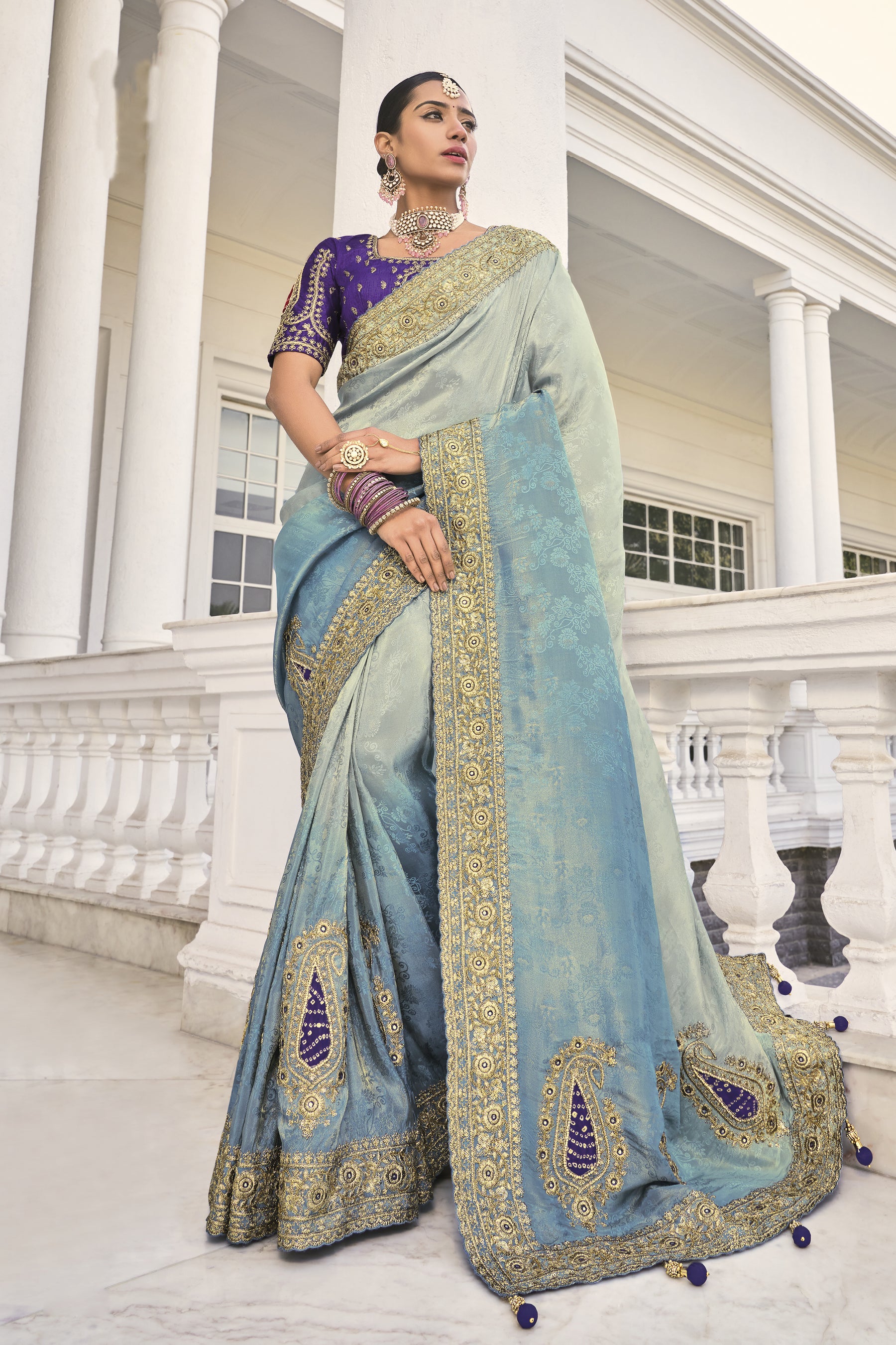 Grey Blue Crepe Jacquard  Designer Work Saree