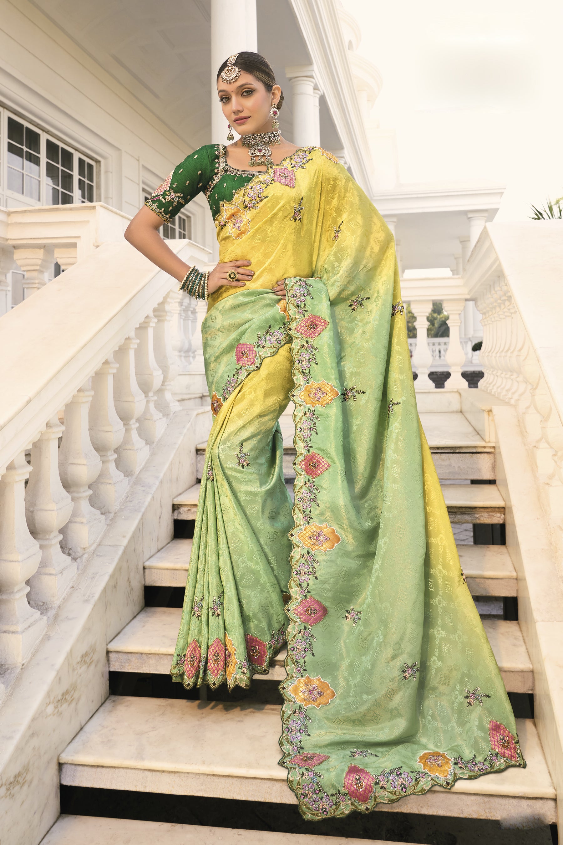 Lemon Green Crepe Jacquard  Designer Work Saree