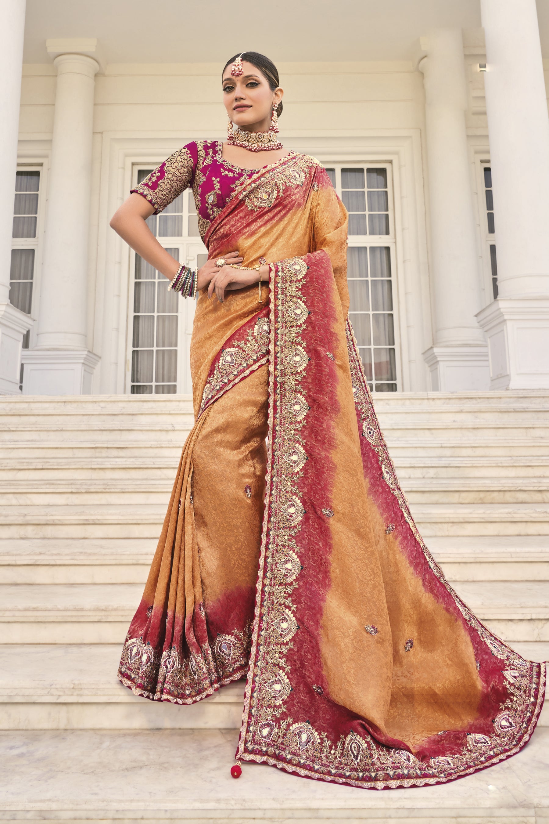 Peach Natural Crepe Jacquard  Mirror Work Saree
