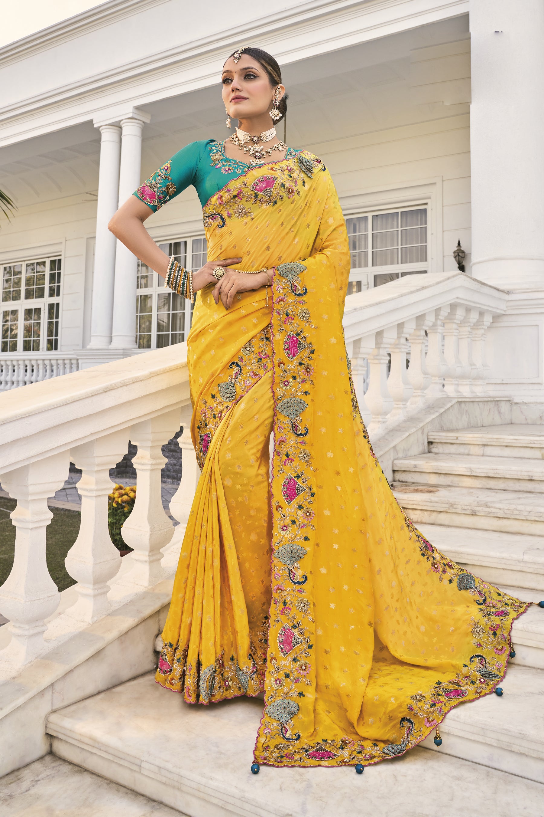 Yellow Natural Crepe Cut Dana Work Saree