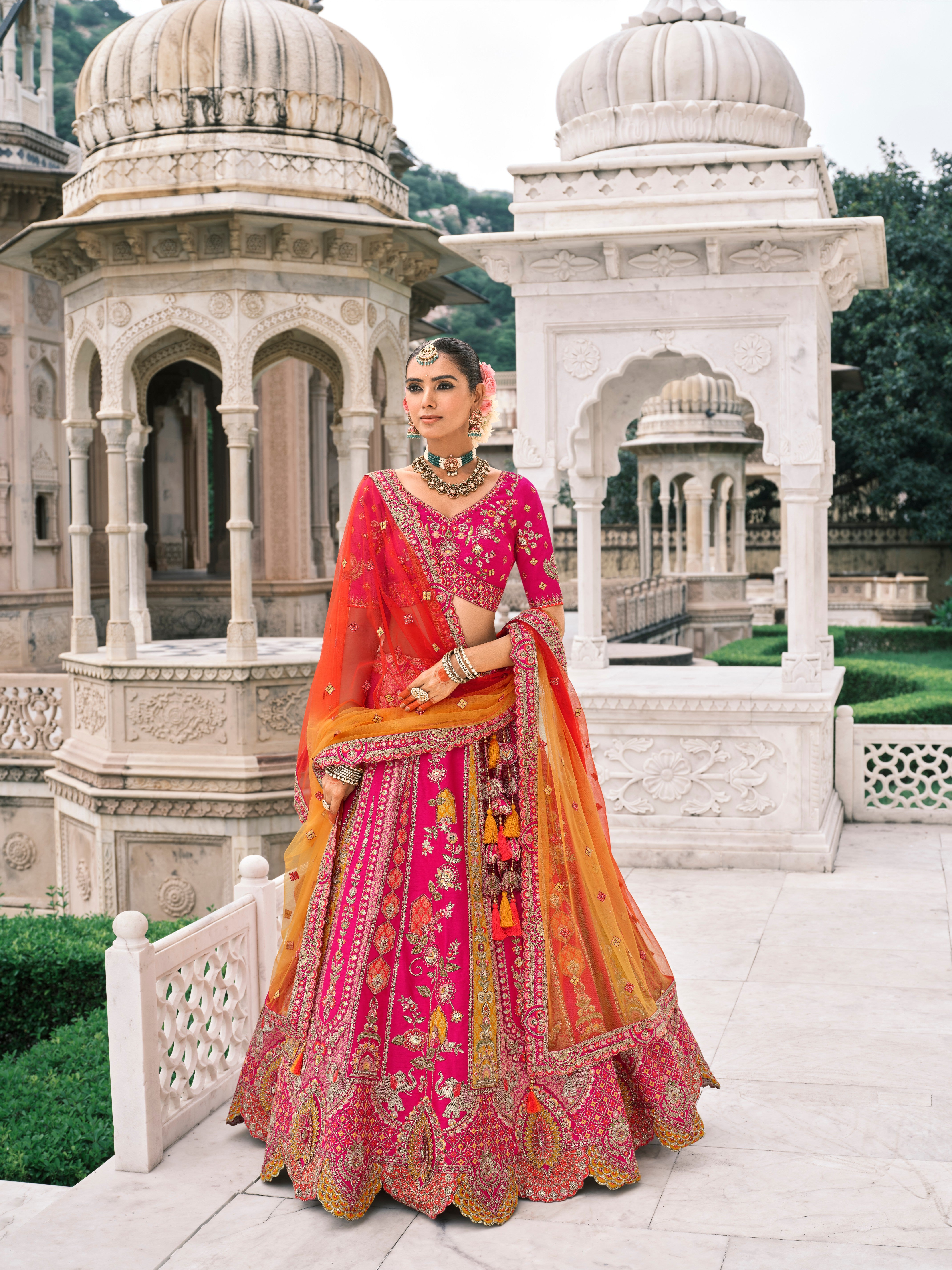 Pink Orange Silk Embroidery Designer lehenga