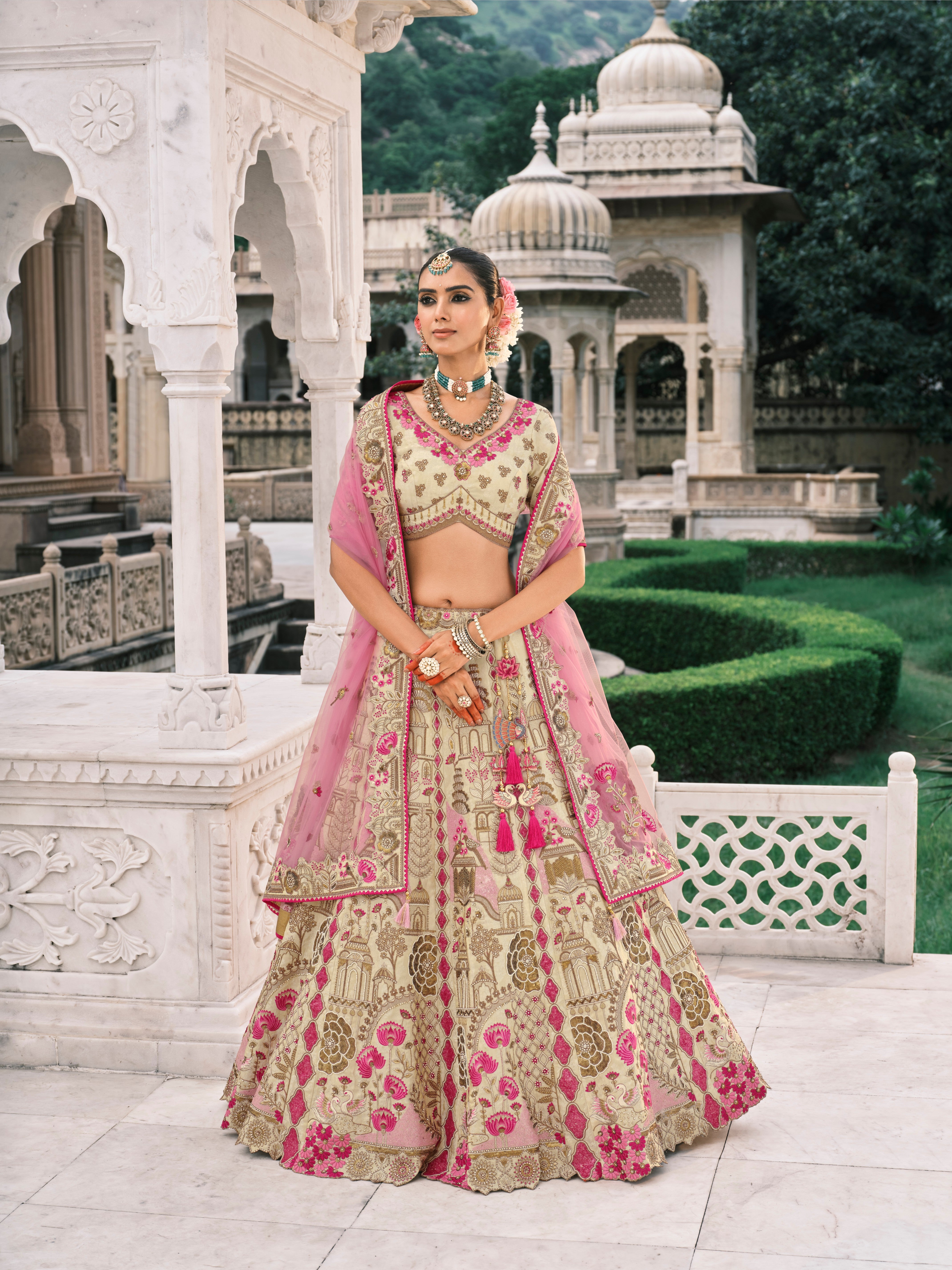 Beige Pink Silk Embroidery Designer Lehenga