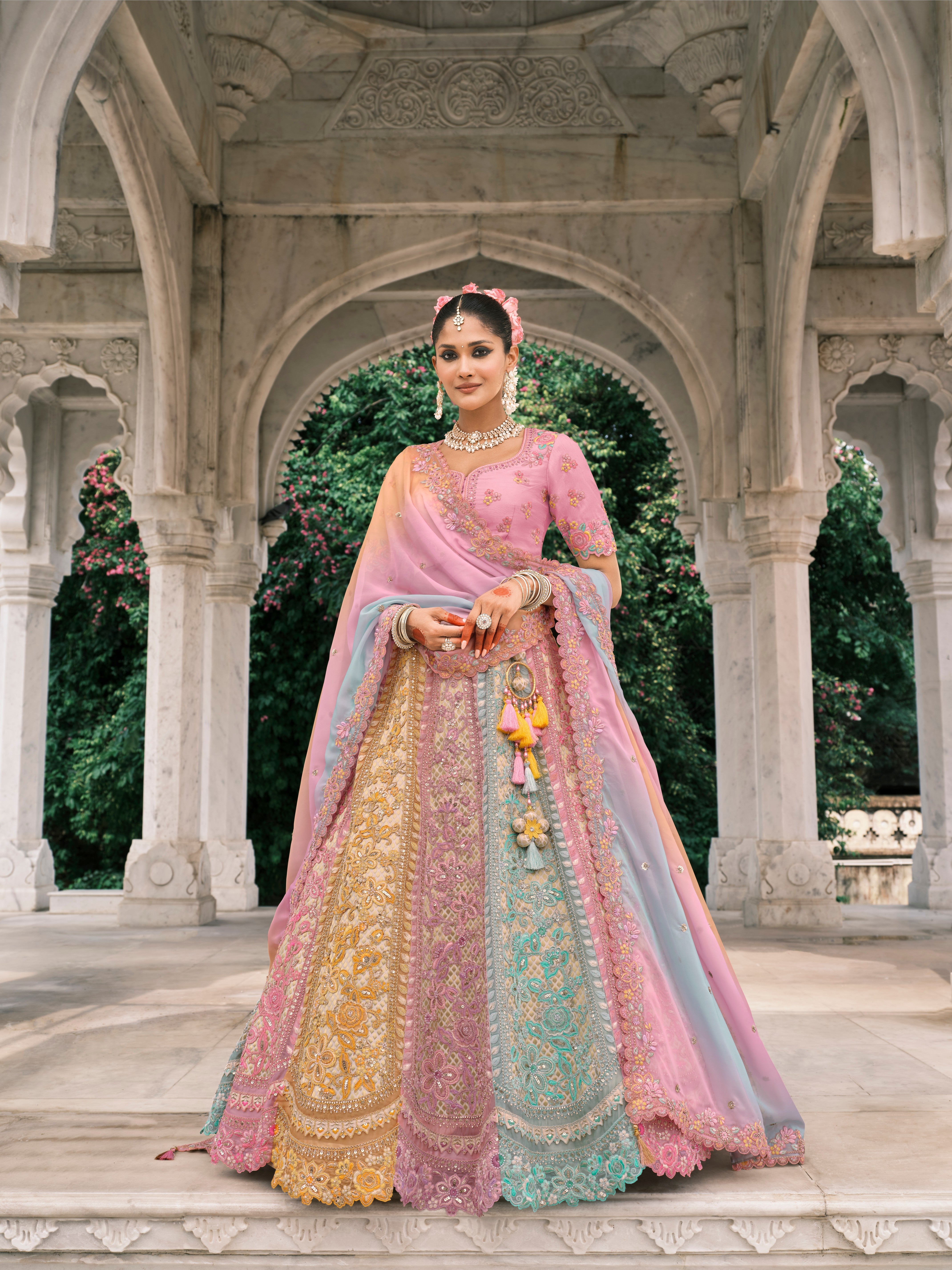 Pink Sky Blue Silk Embroidery Designer Lehenga