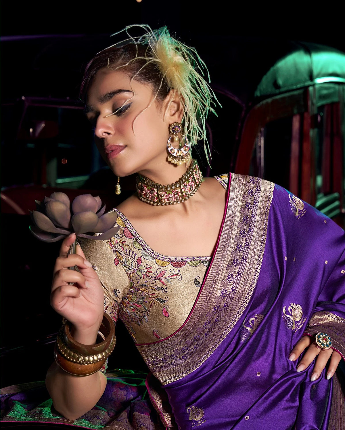 Viscose Silk Purple Festival Wear 3D Weaved Pallu Sarees