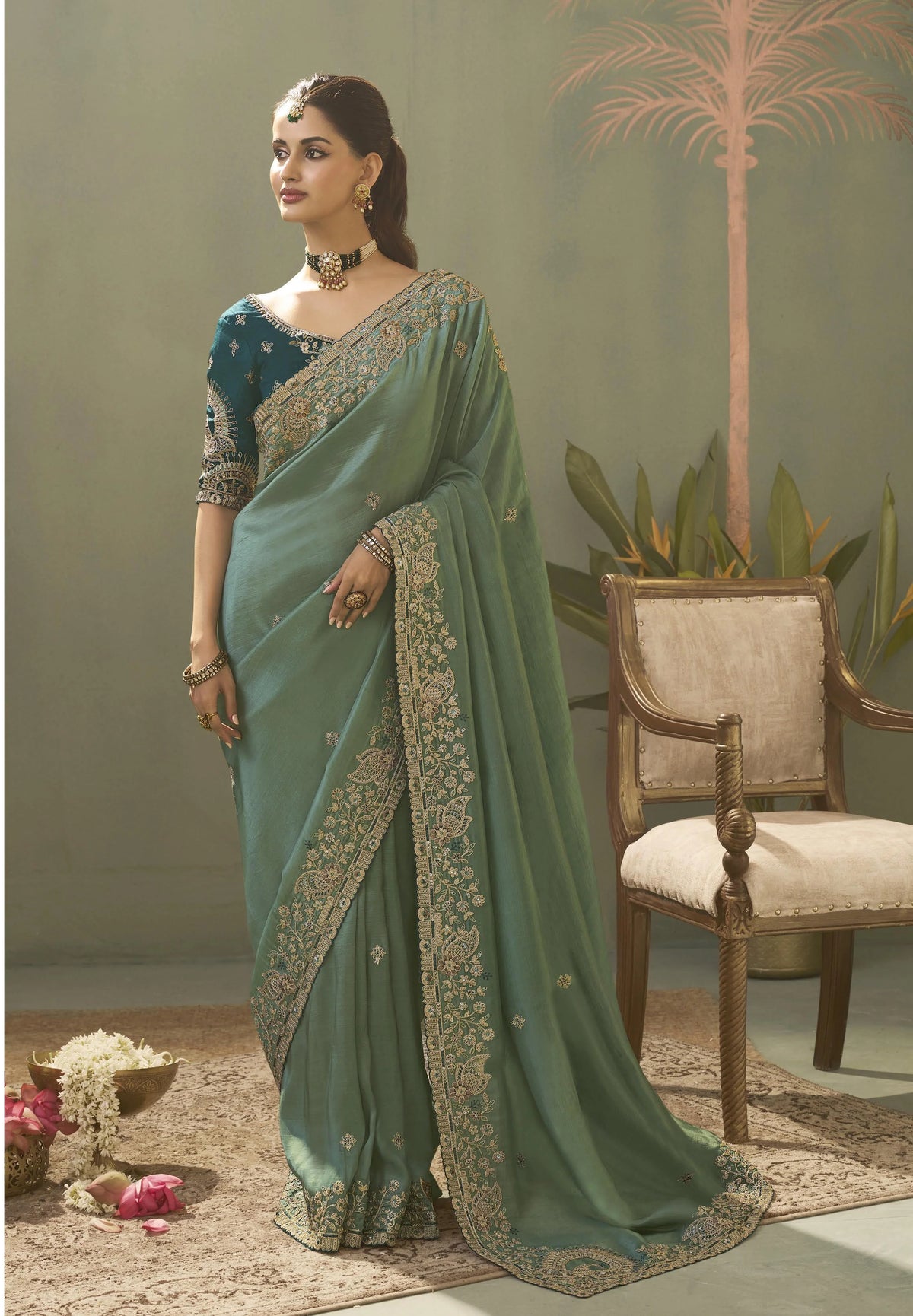 Uppada Silk Weaving Sage Green Party Wear Sarees