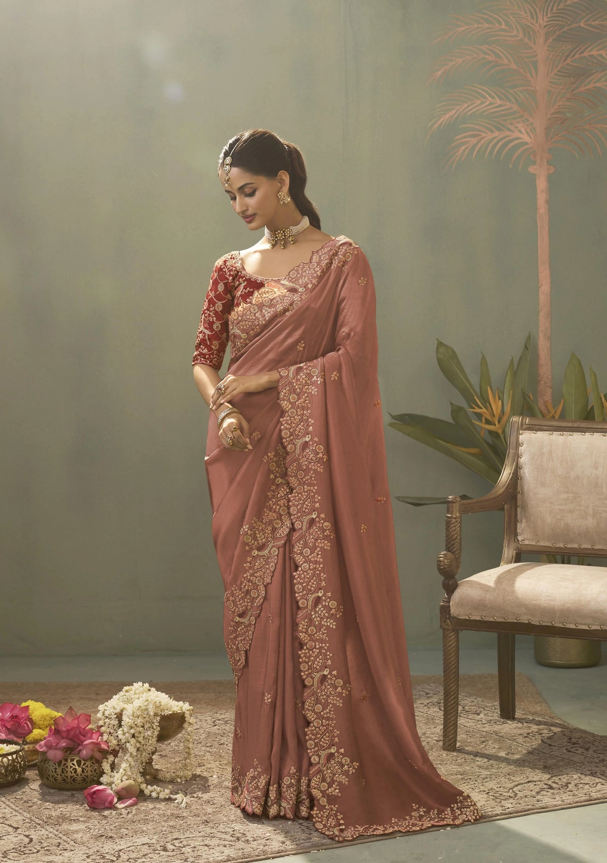 Uppada Silk Weaving Peach Party Wear Sarees