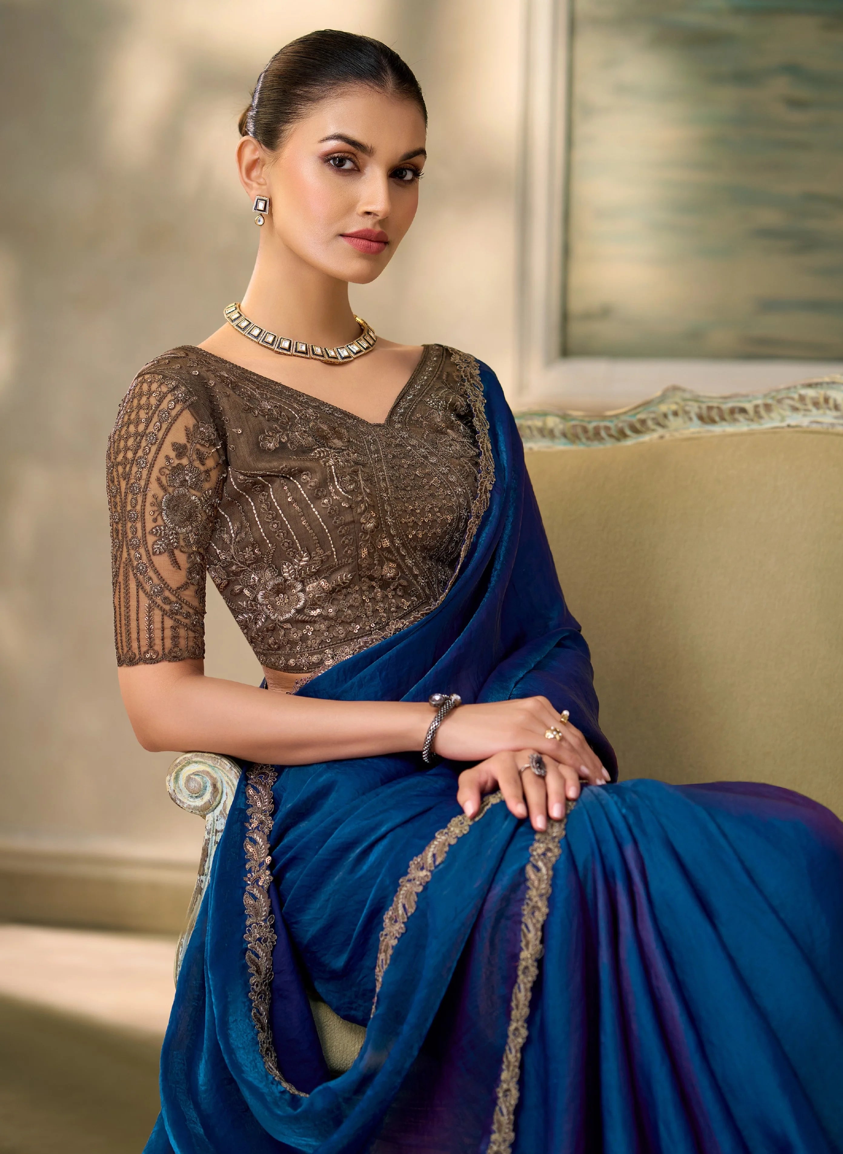 Satin Silk Festival Wear Blue With Heavy Work