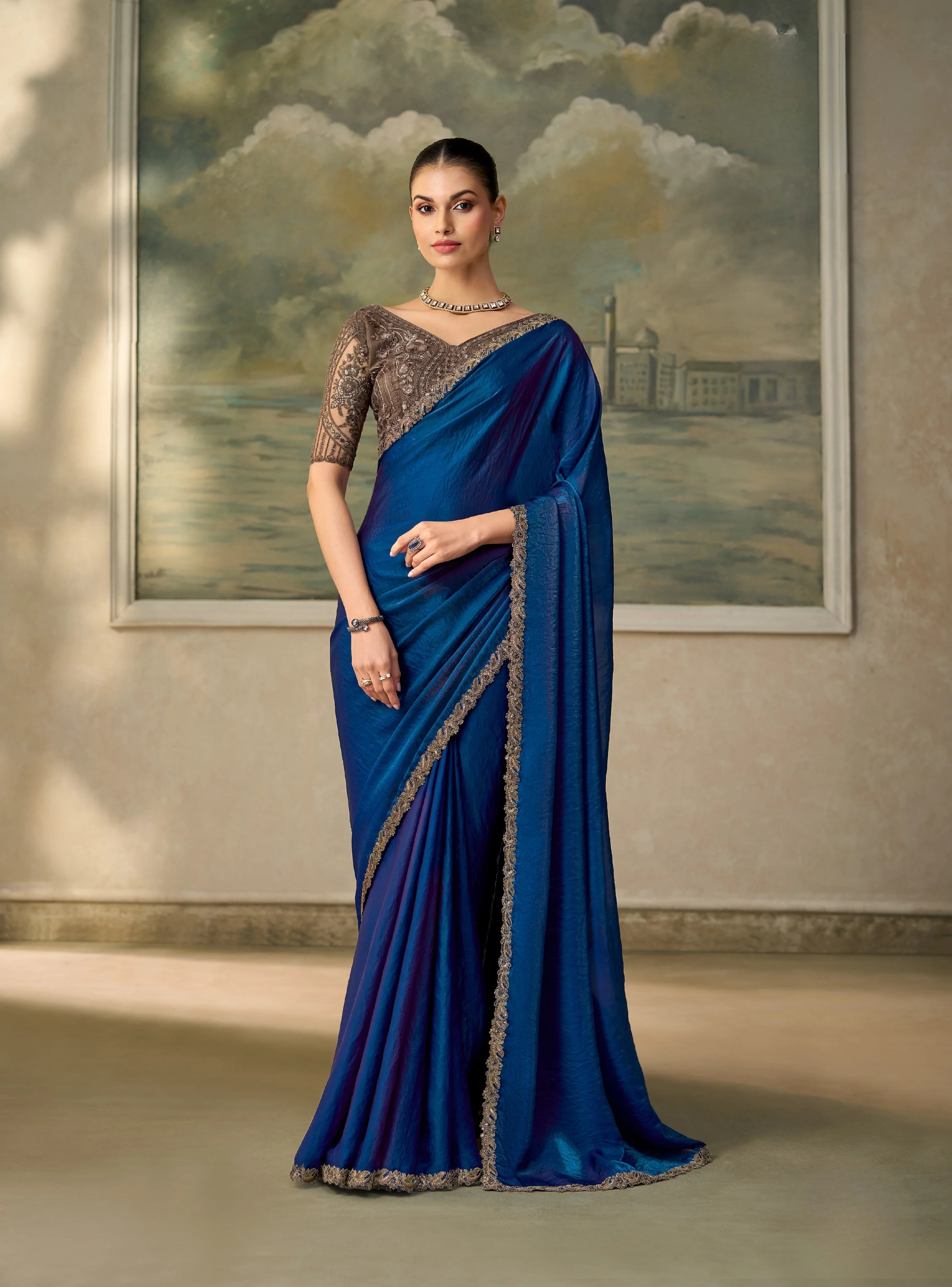 Satin Silk Festival Wear Blue With Heavy Work