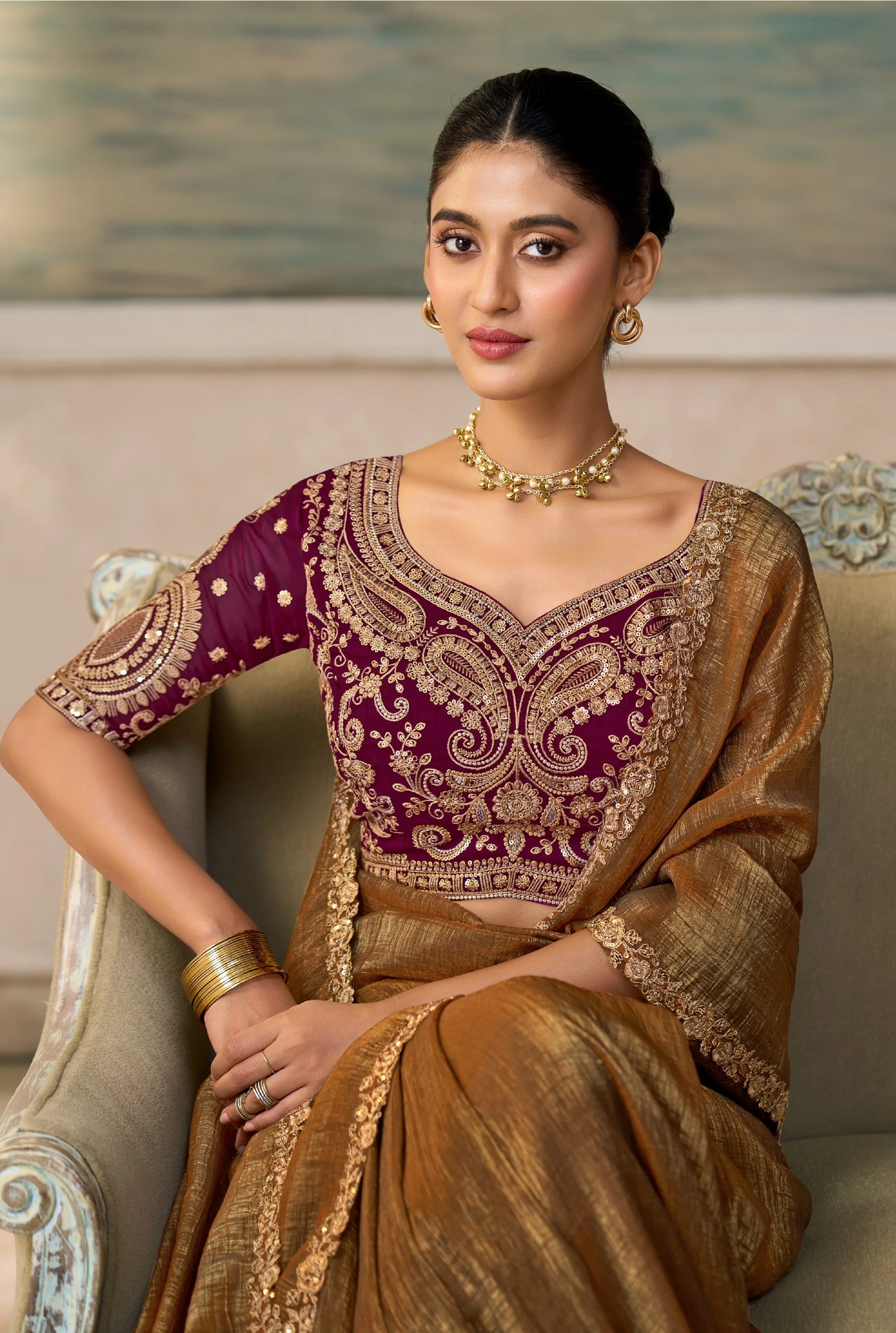 Georgette Festival Wear Brown With Heavy Work