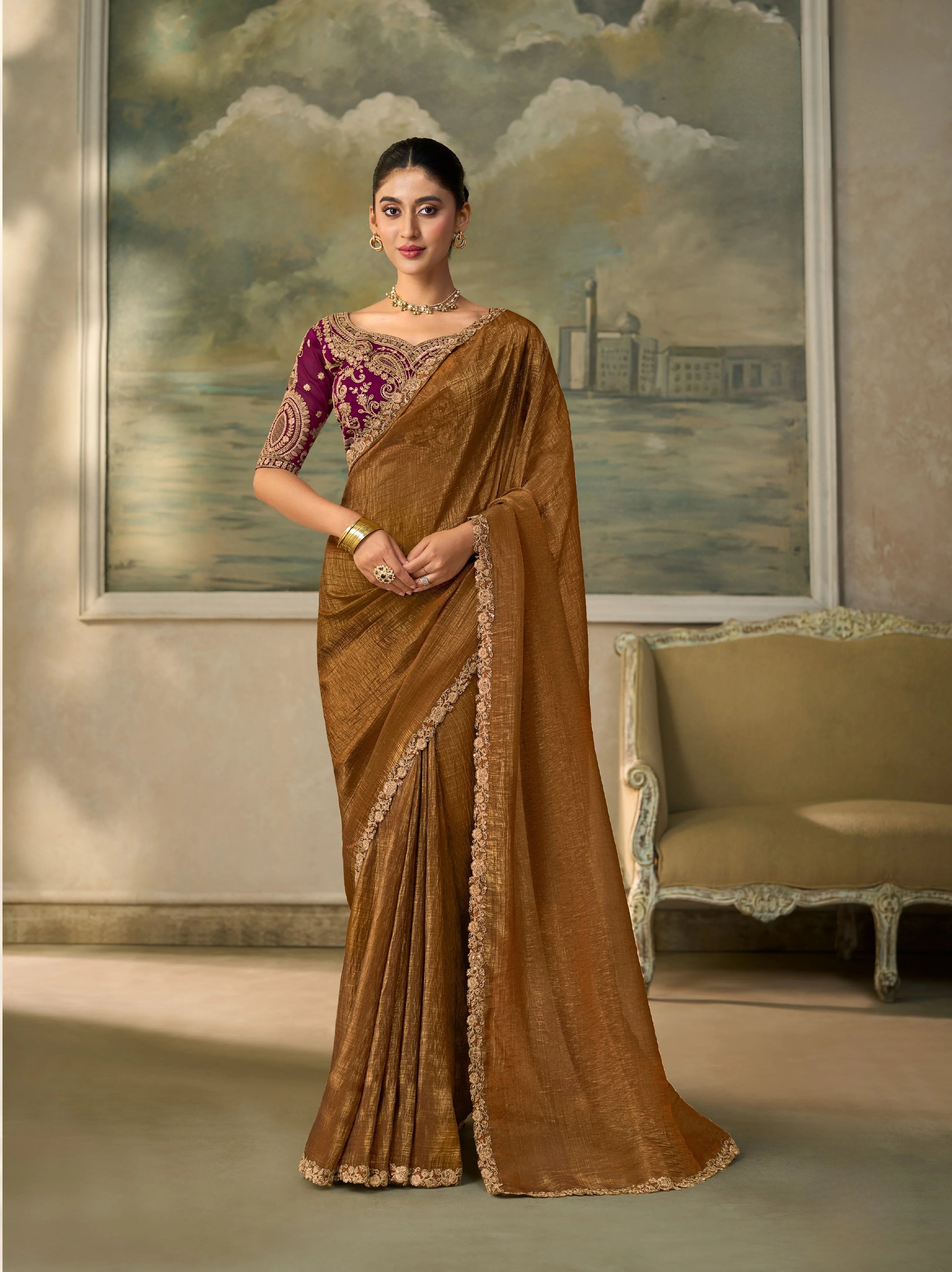 Georgette Festival Wear Brown With Heavy Work