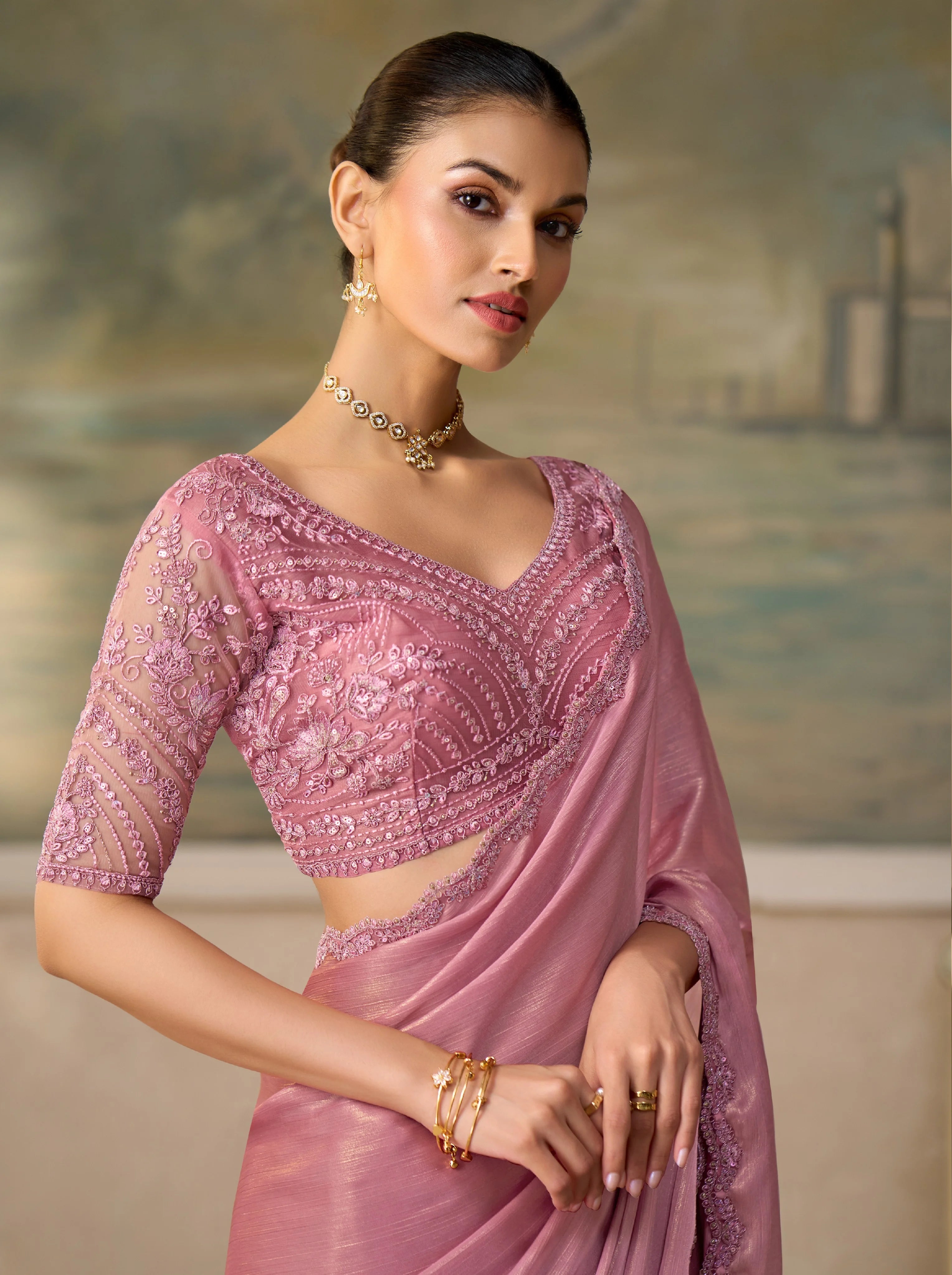 Chiffon Festival Wear Pink With Heavy Work