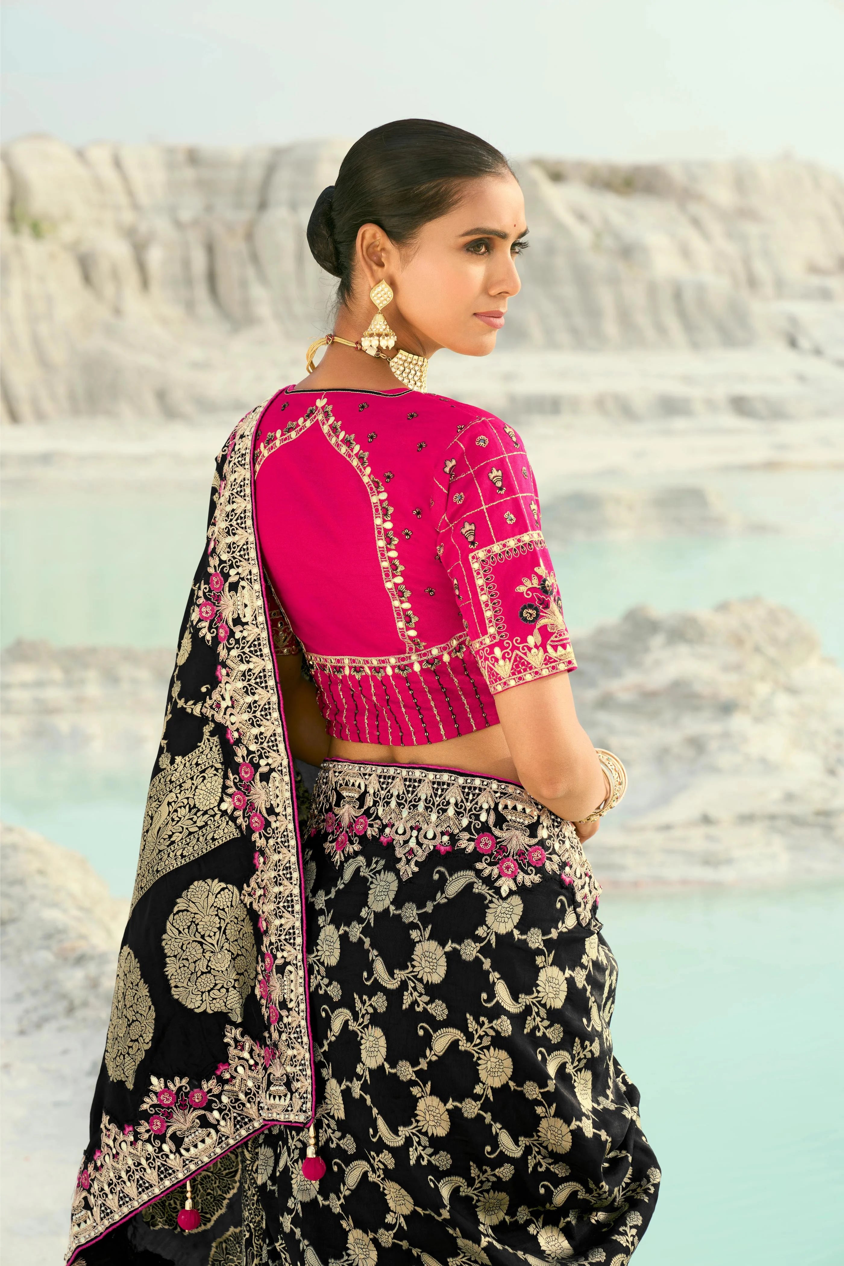 Pure Dola Viscose Black Reception Wear With Thread Work