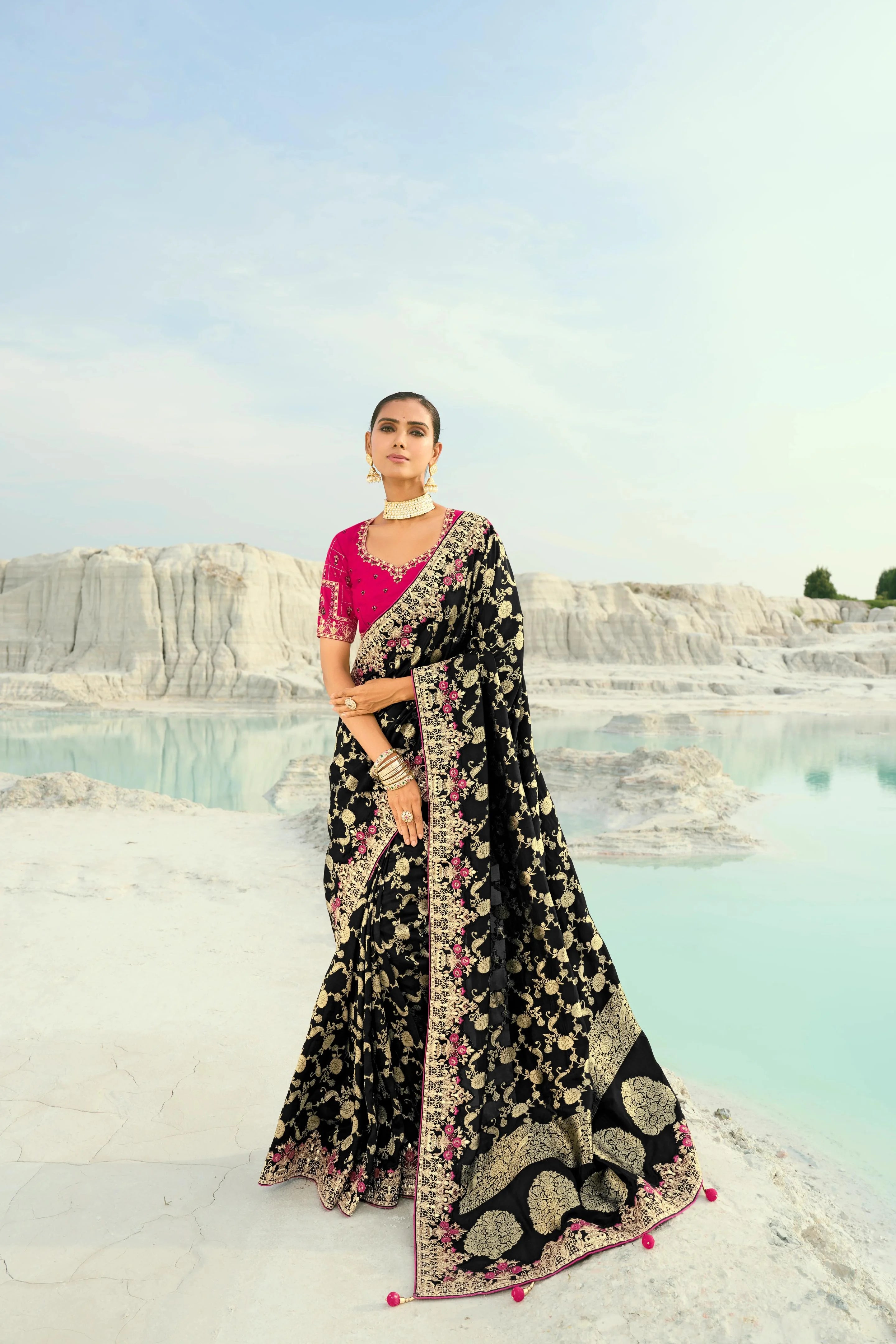 Pure Dola Viscose Black Reception Wear With Thread Work