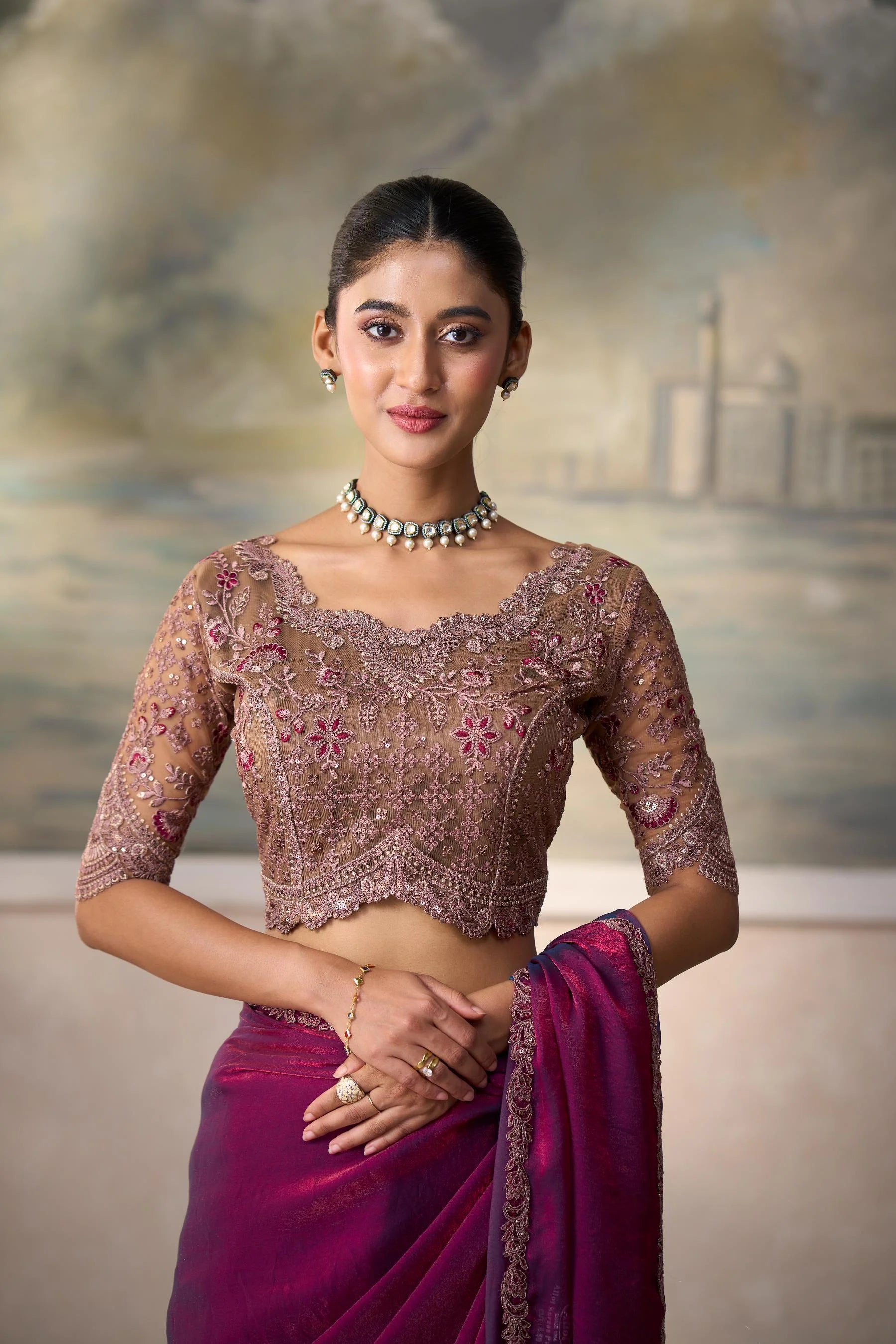 Satin Silk Festival Wear Wine With Heavy Work