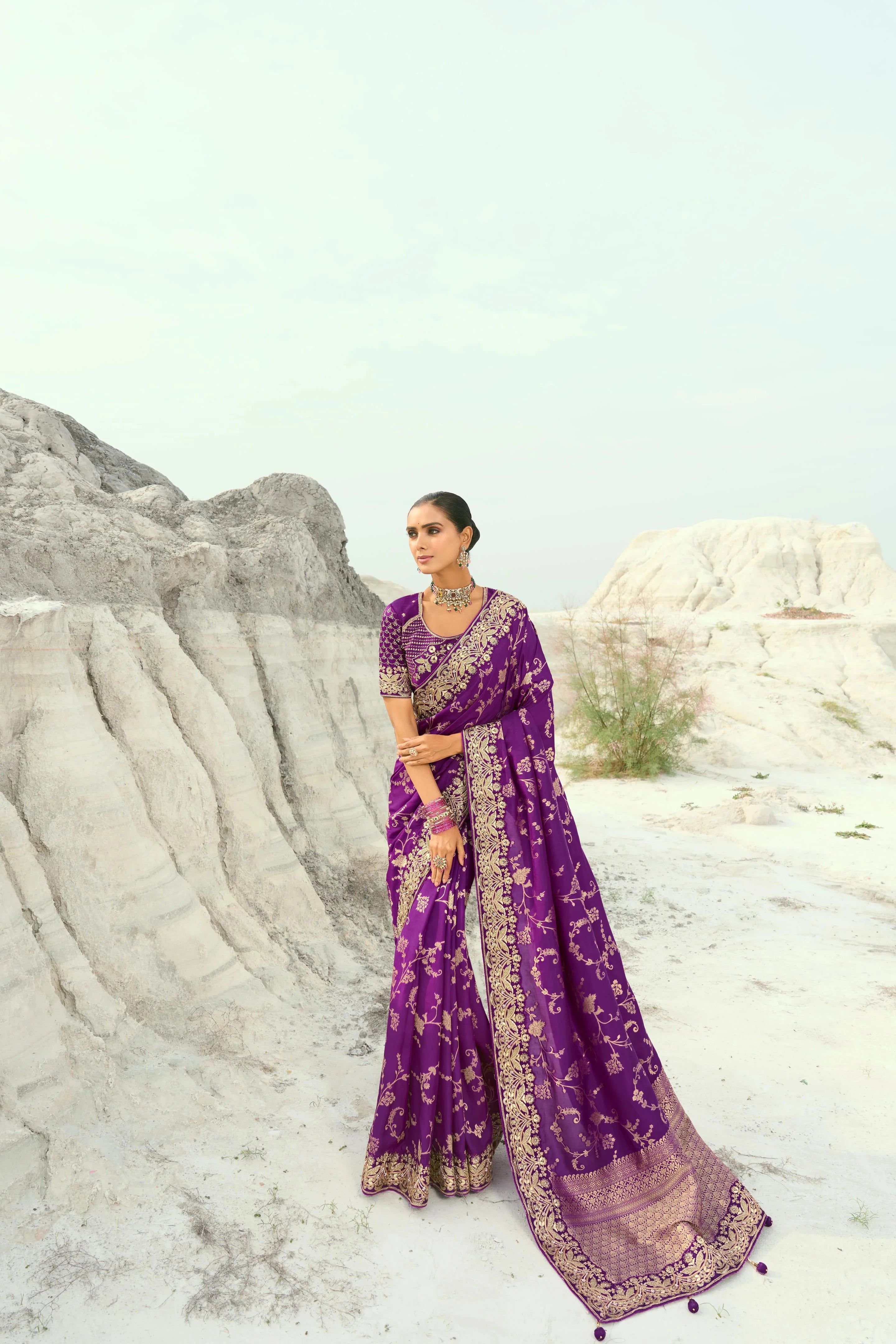 Pure Dola Viscose Purple Reception Wear With Thread Work