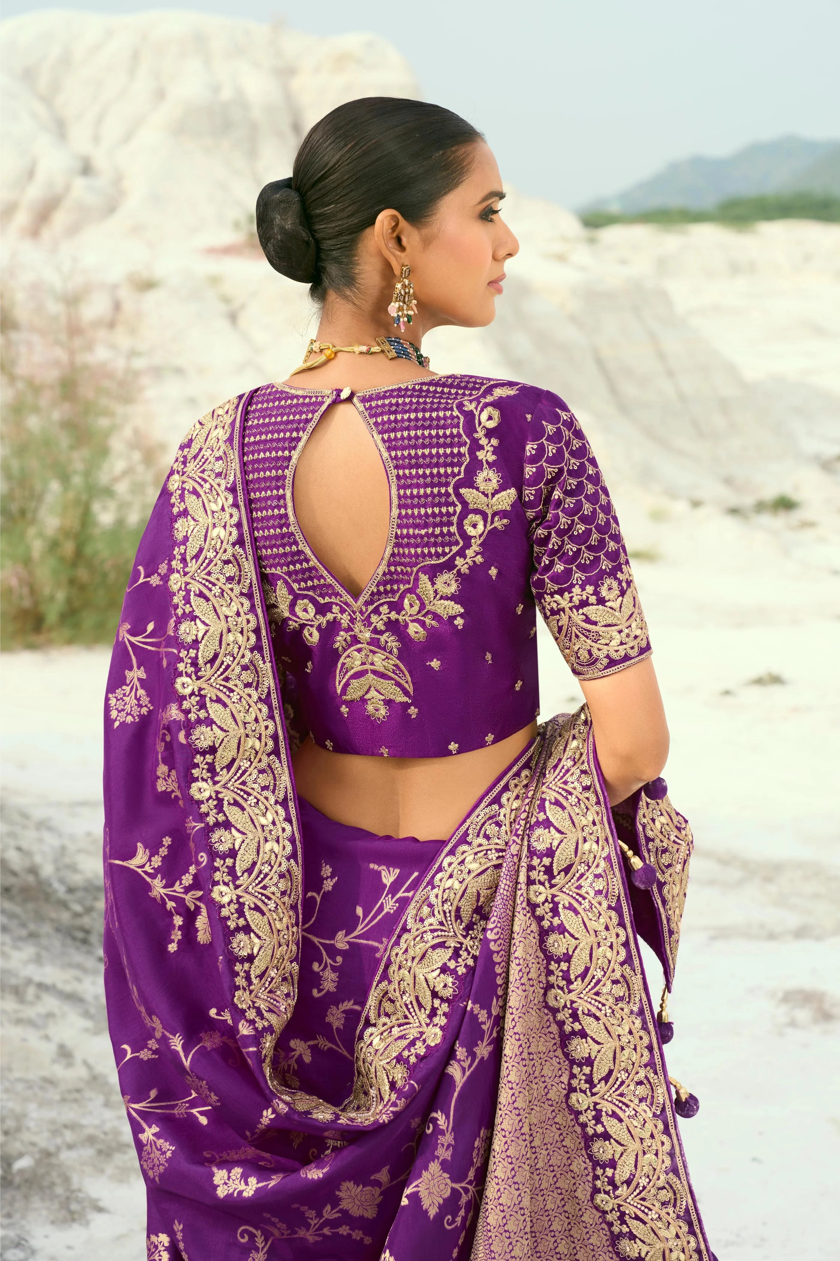 Pure Dola Viscose Purple Reception Wear With Thread Work