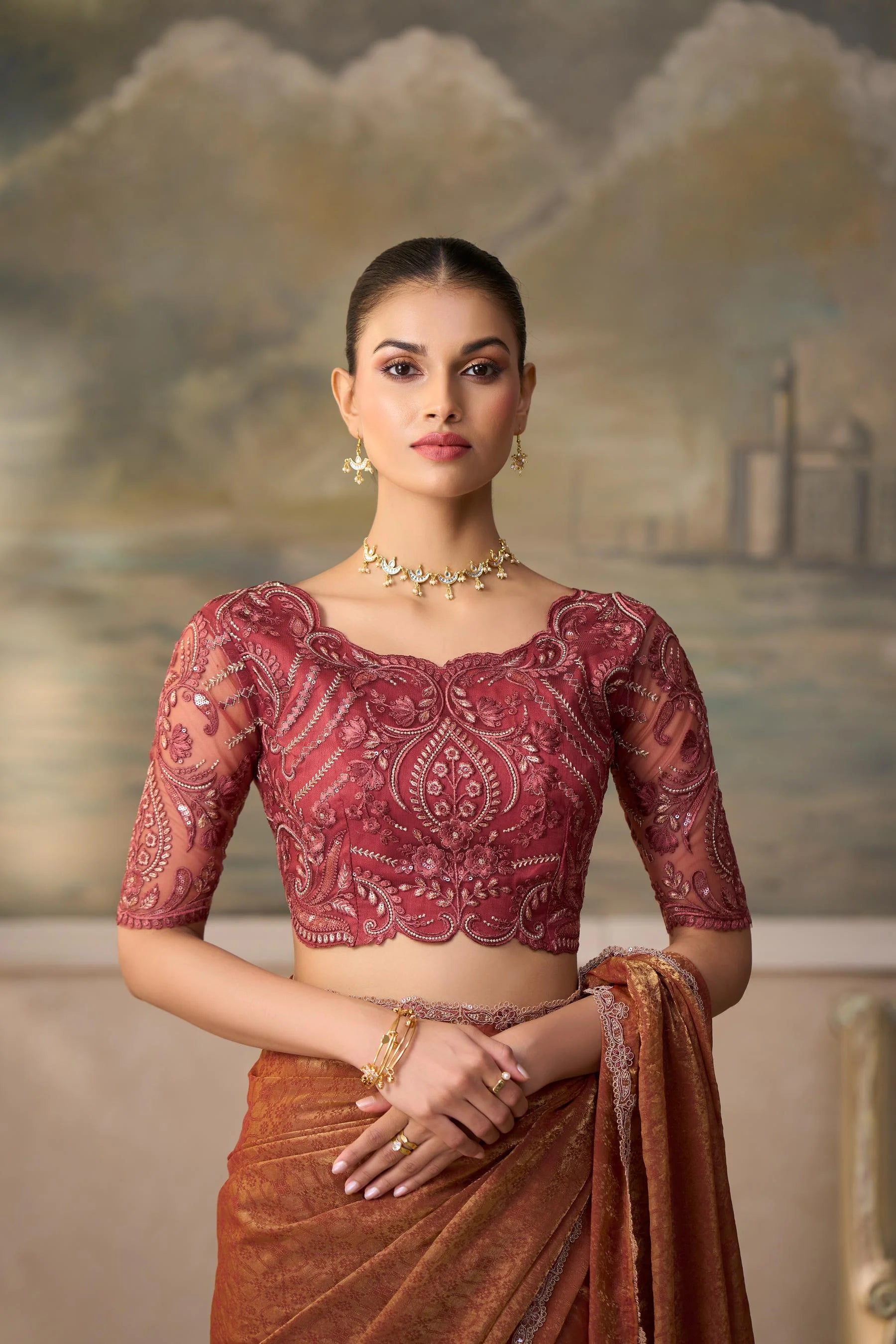 Georgette Festival Wear Dusty Rose With Heavy Work