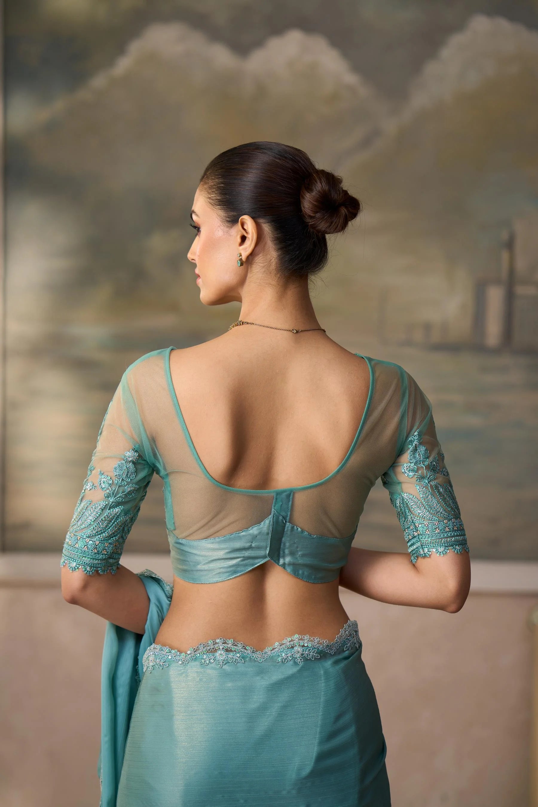 Chiffon Festival Wear Sage Green With Heavy Work