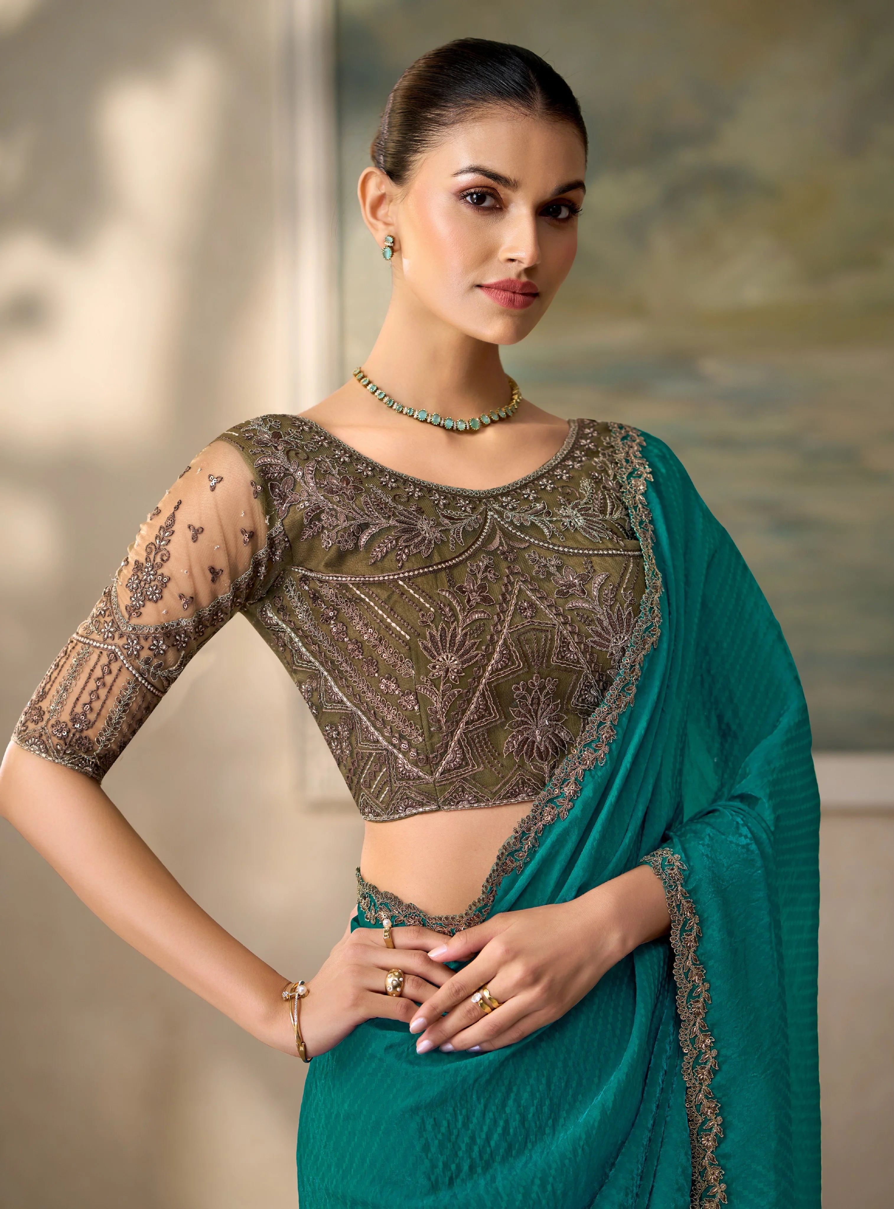 Satin Georgette Festival Wear Teal With Heavy Work