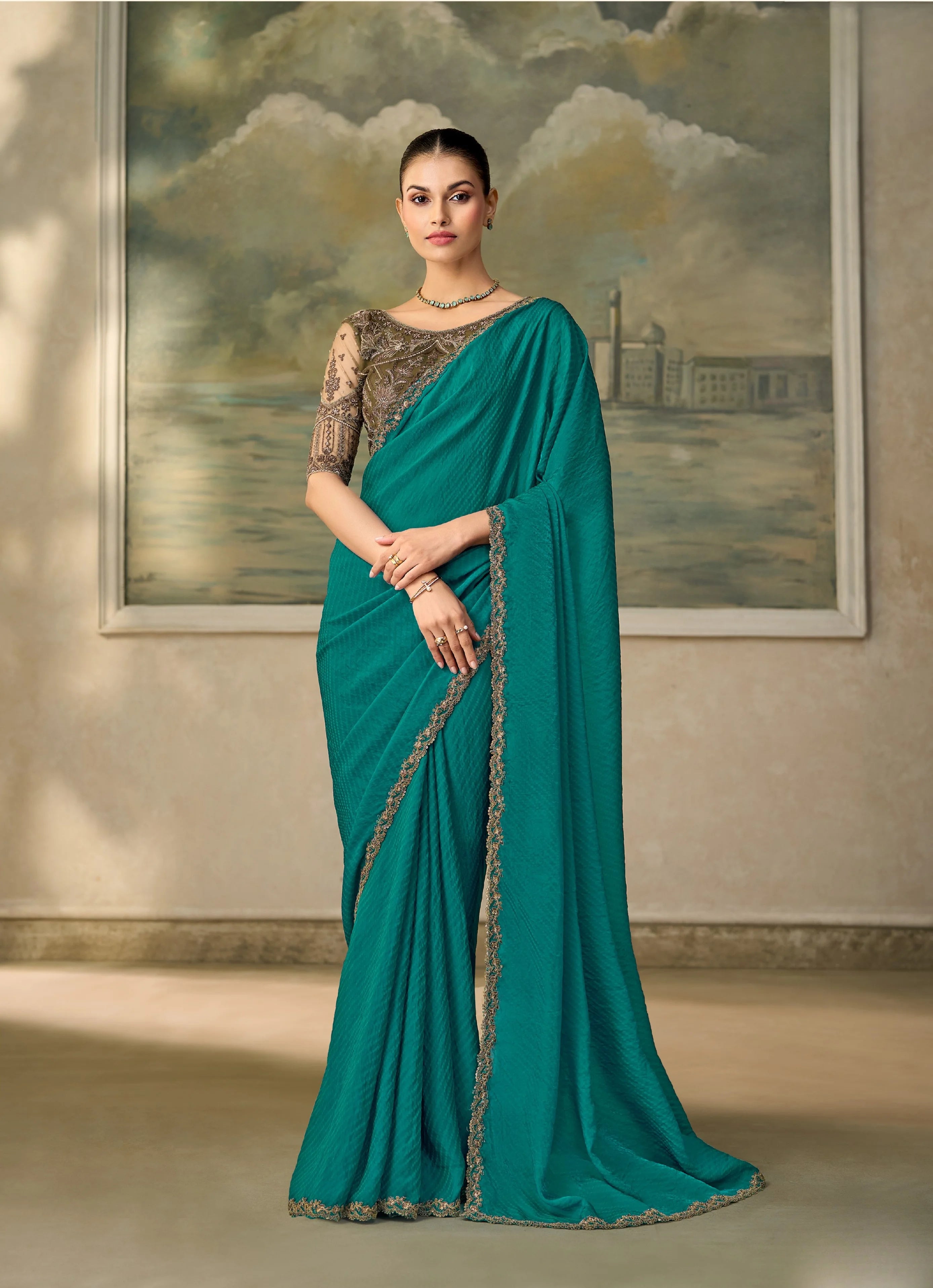 Satin Georgette Festival Wear Teal With Heavy Work