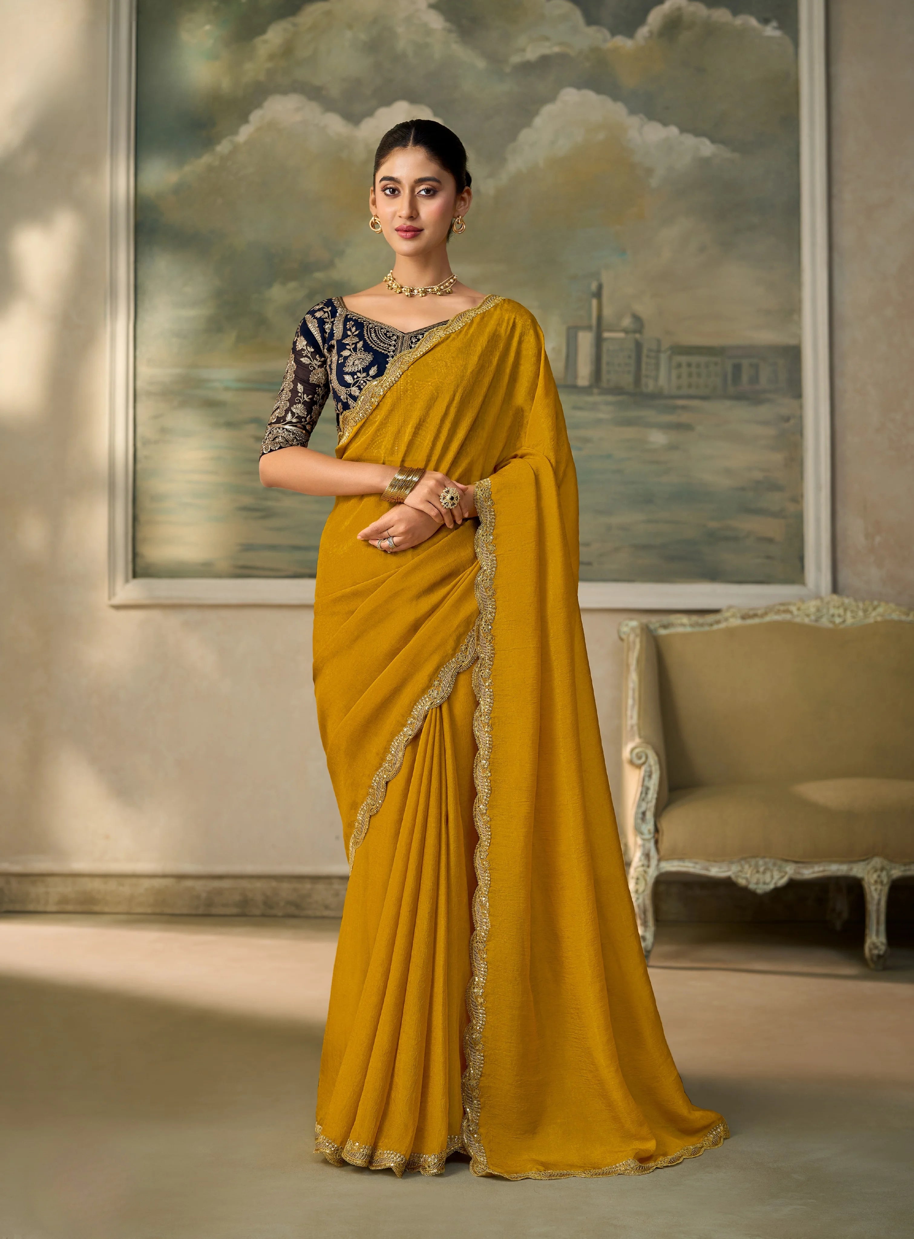 Georgette Festival Wear Olive Yellow With Heavy Work