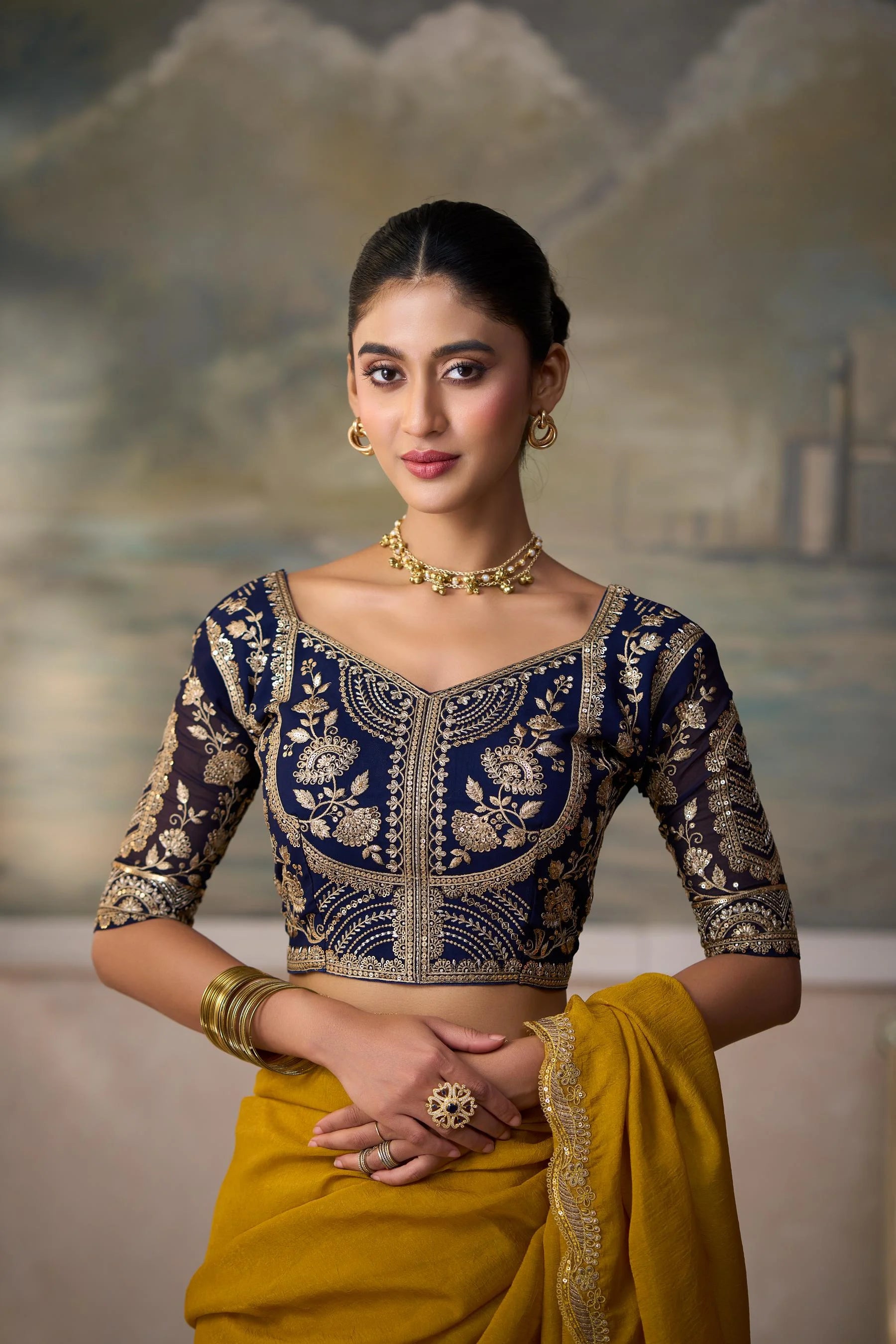 Georgette Festival Wear Olive Yellow With Heavy Work