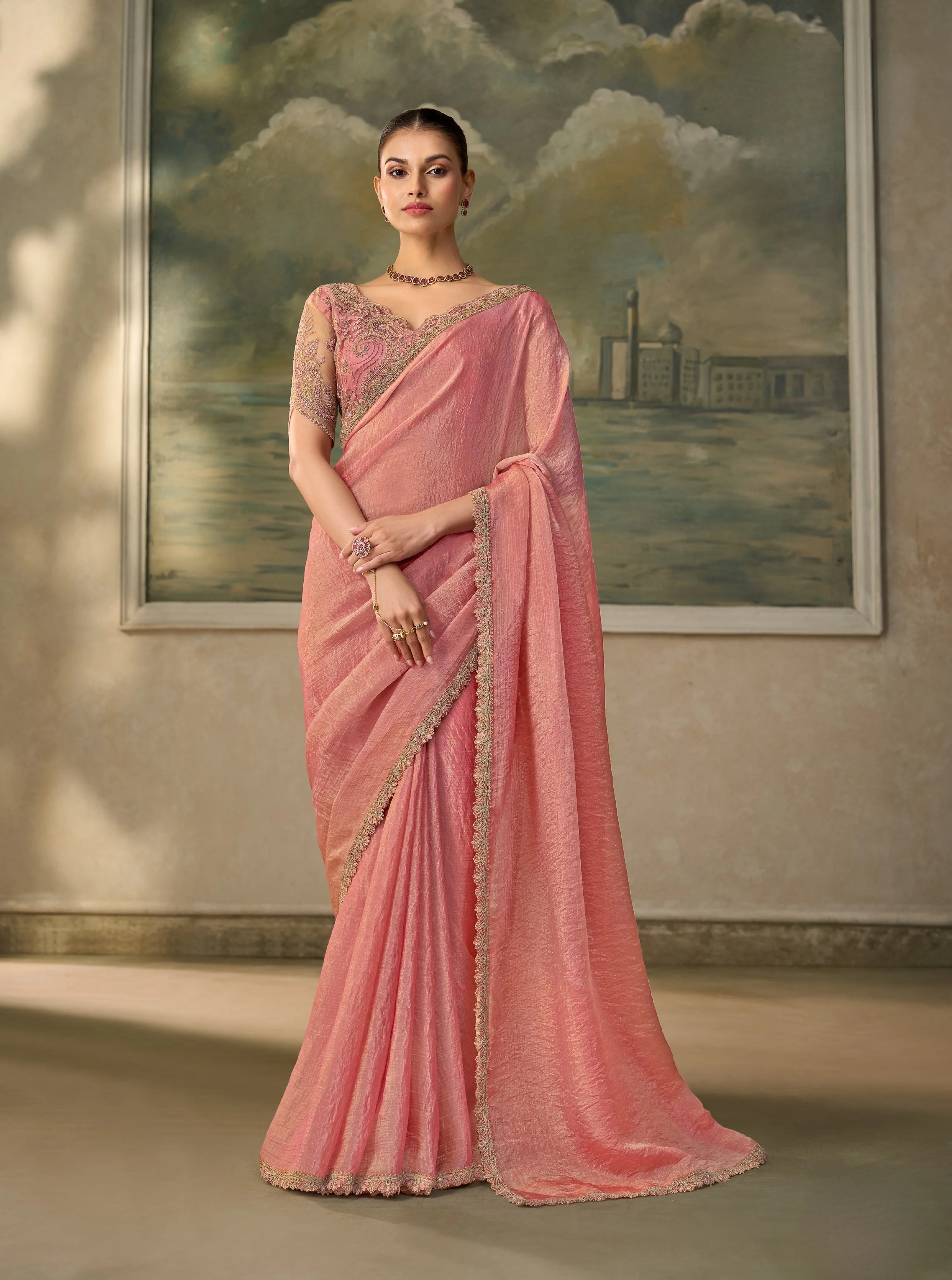 Tissue Festival Wear Peach With Heavy Work