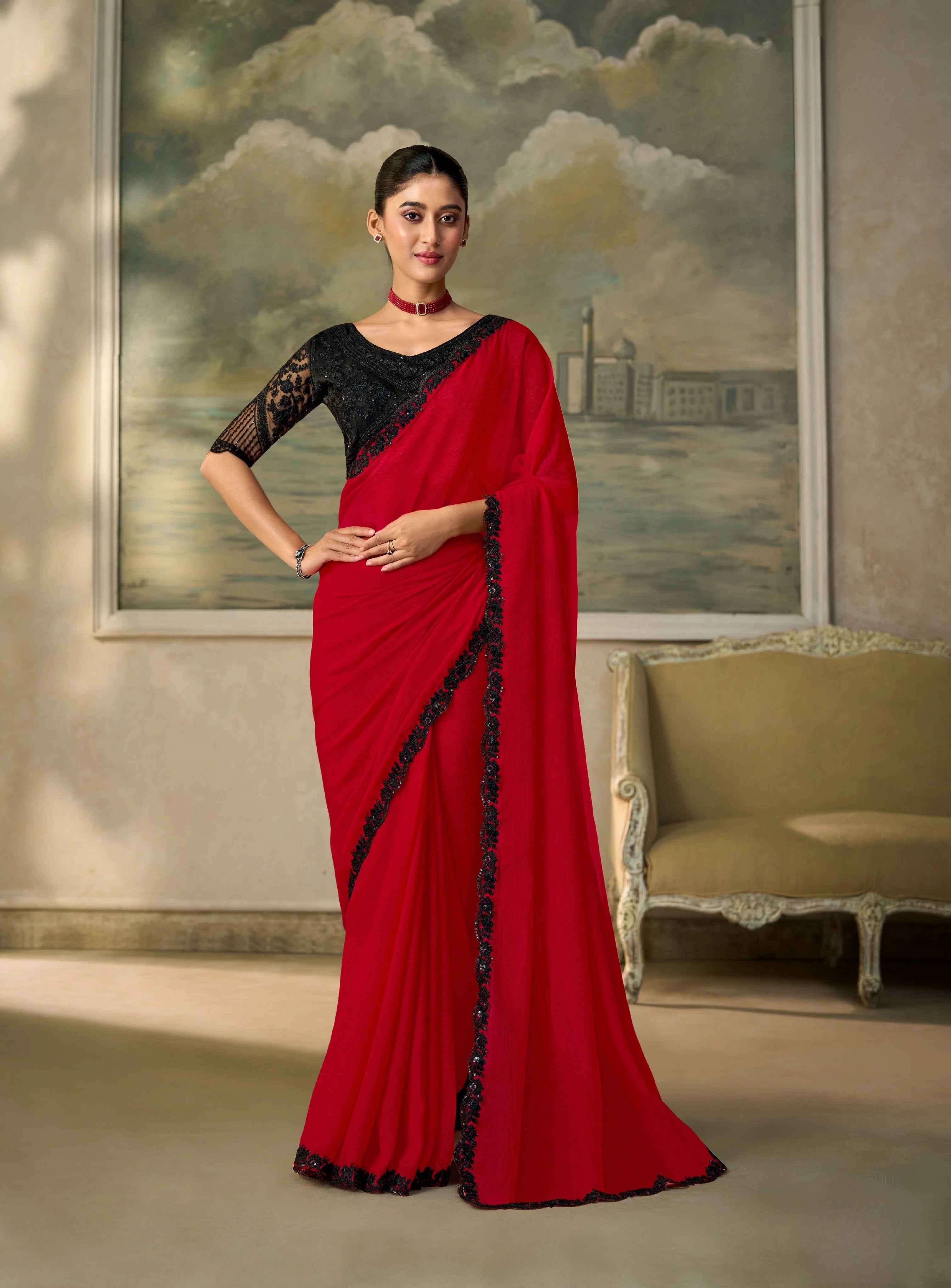Chiffon Festival Wear Red With Heavy Work