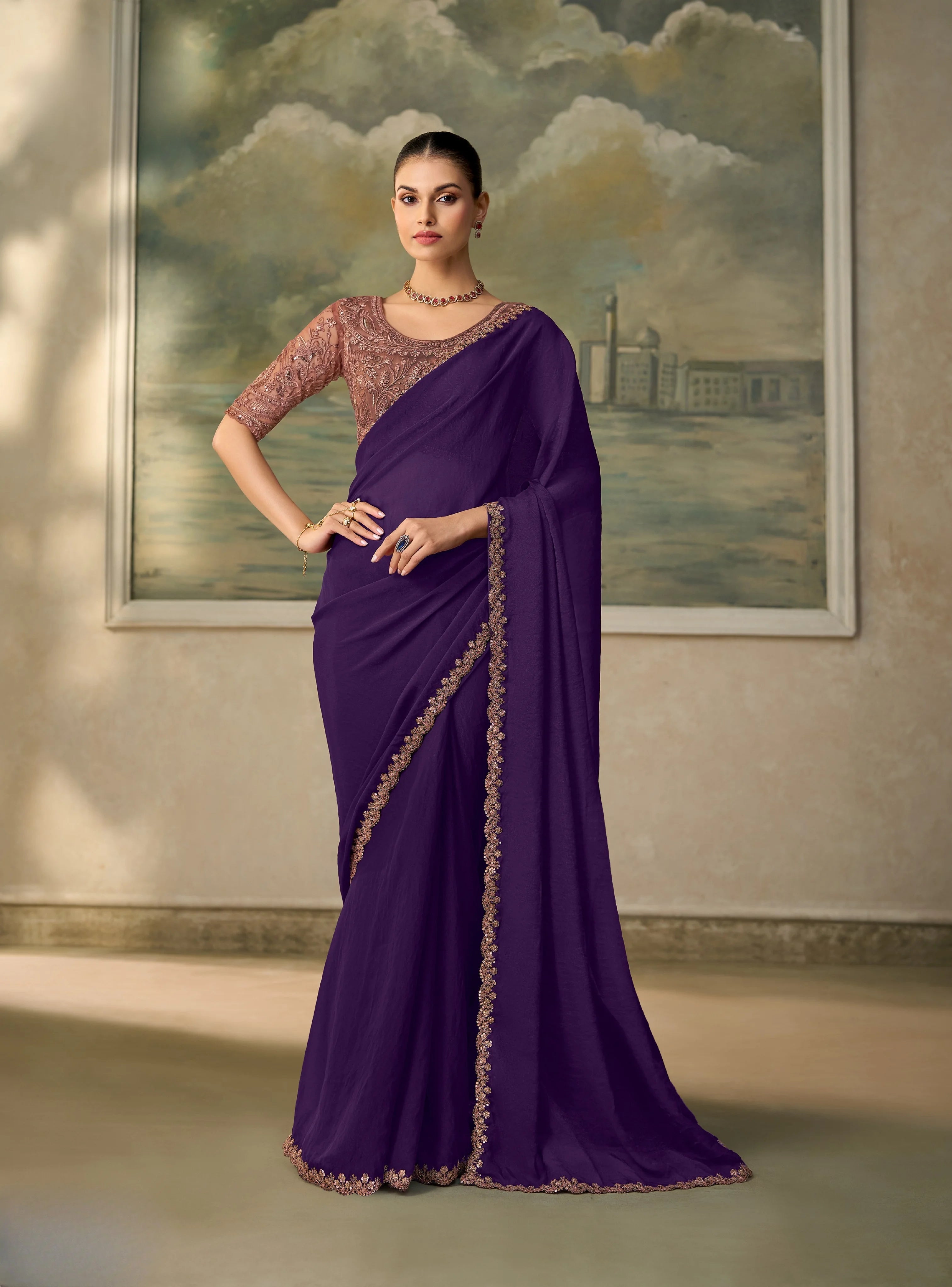 Georgette Festival Wear Purple With Heavy Work