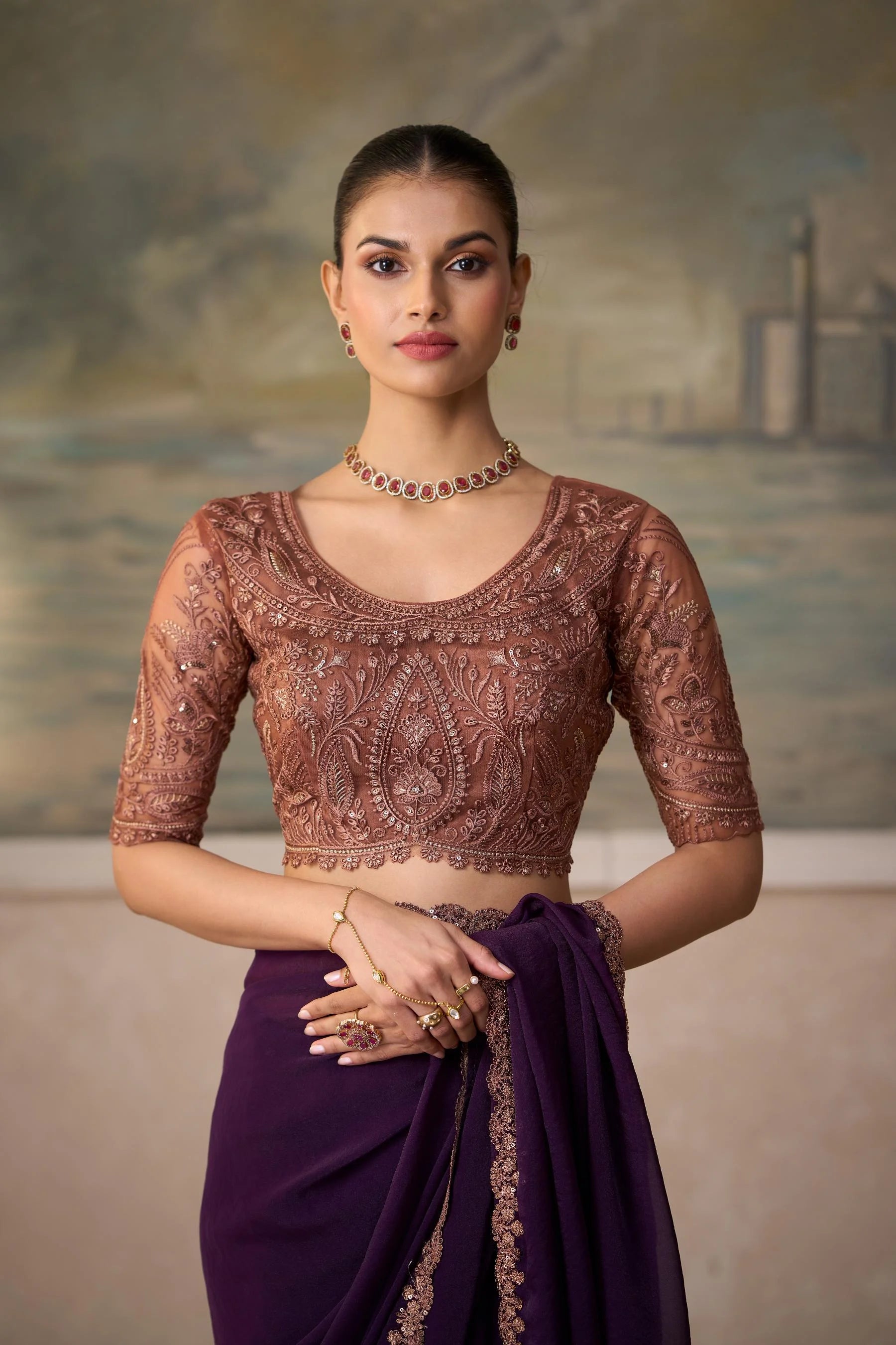 Georgette Festival Wear Purple With Heavy Work