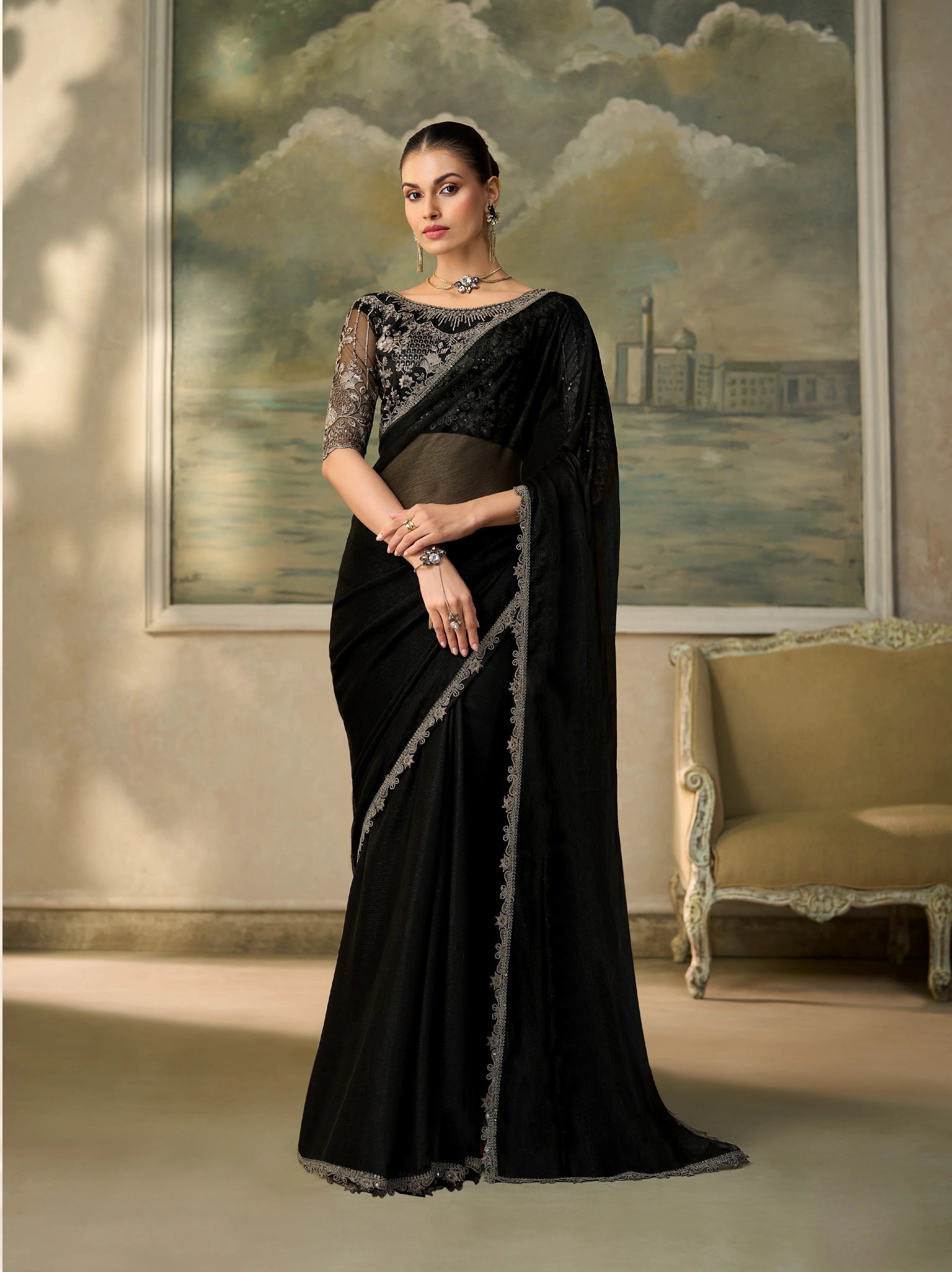 Chiffon Festival Wear Black With Heavy Work