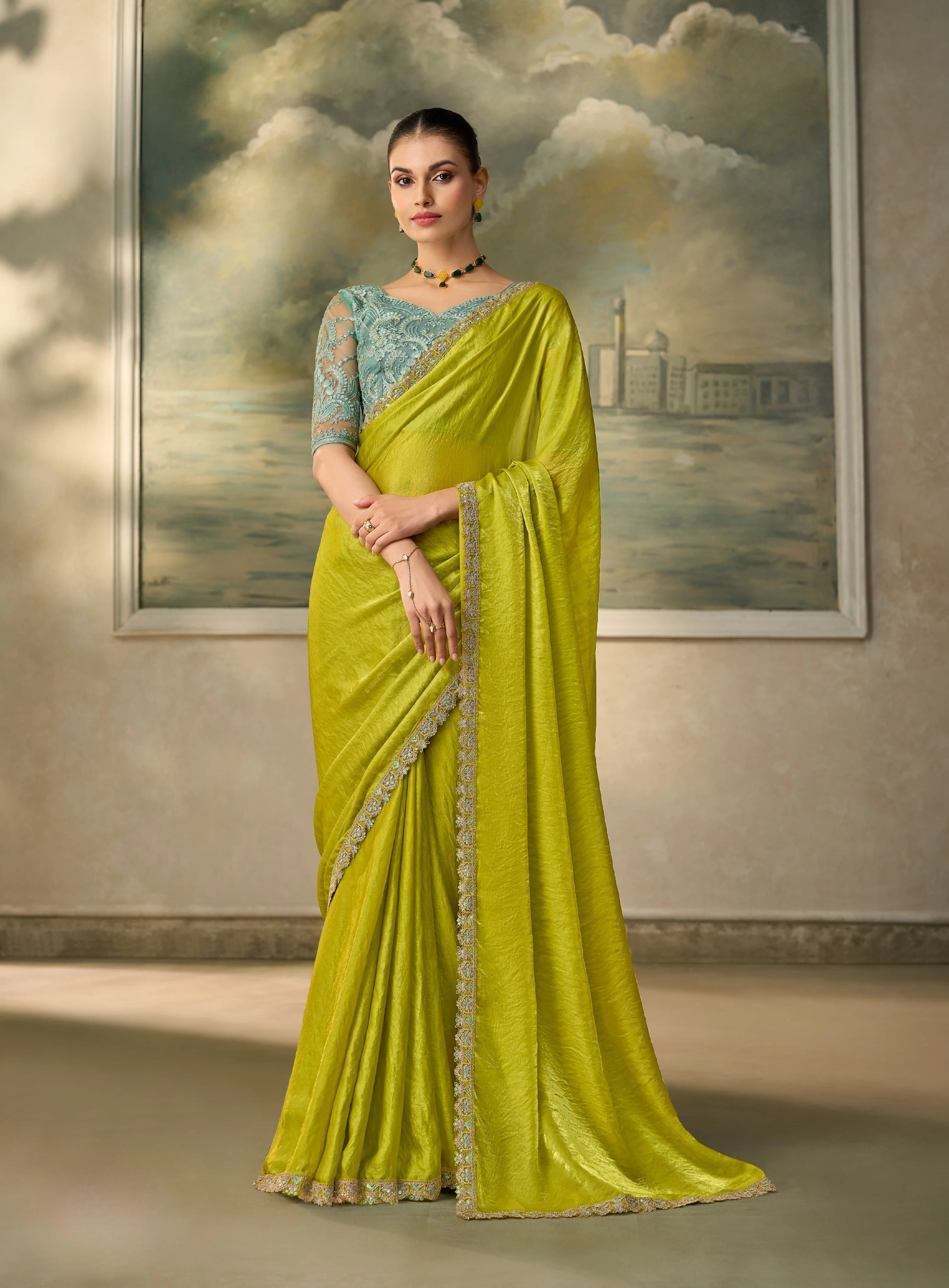 Satin Festival Wear Parrot With Heavy Work