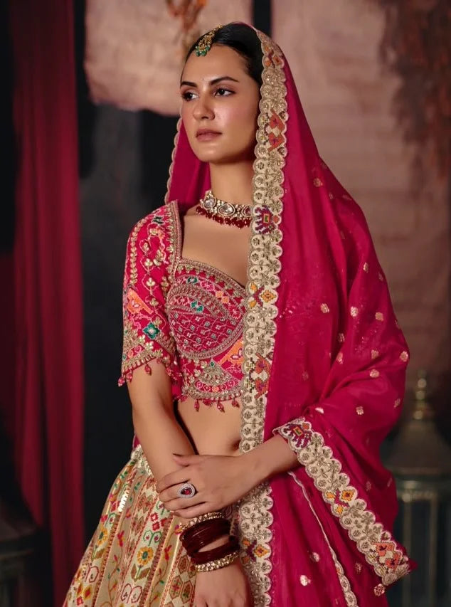 Silk Blend Beige Reception Heavy Work Readymade Lehengas
