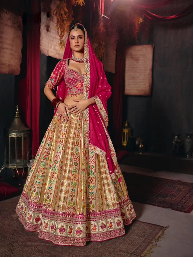 Silk Blend Beige Reception Heavy Work Readymade Lehengas