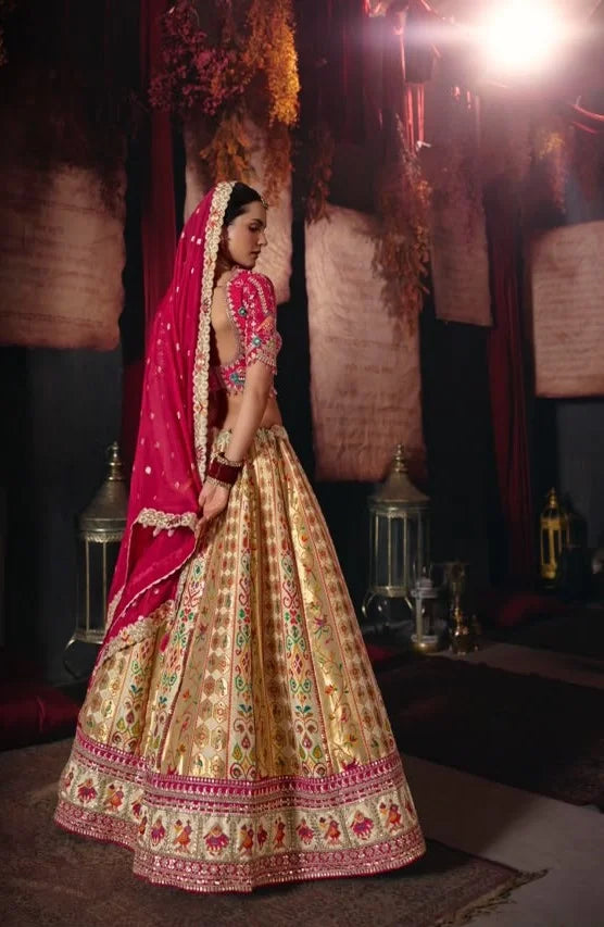 Silk Blend Beige Reception Heavy Work Readymade Lehengas