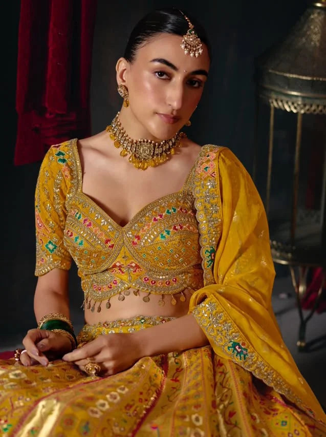 Silk Blend Mustard Reception Heavy Work Readymade Lehengas