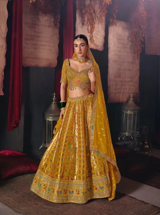 Silk Blend Mustard Reception Heavy Work Readymade Lehengas