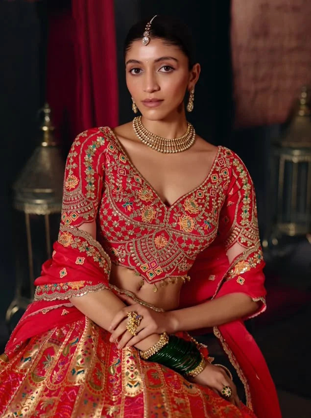 Silk Blend Red Reception Heavy Work Readymade Lehengas