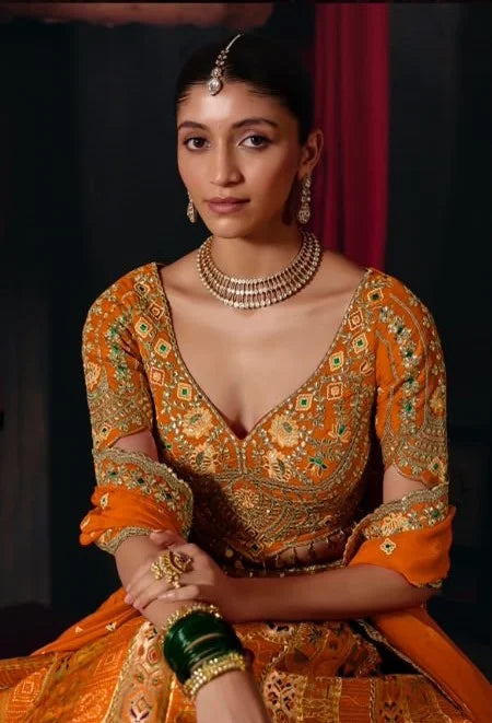 Silk Blend Orange Reception Heavy Work Readymade Lehengas