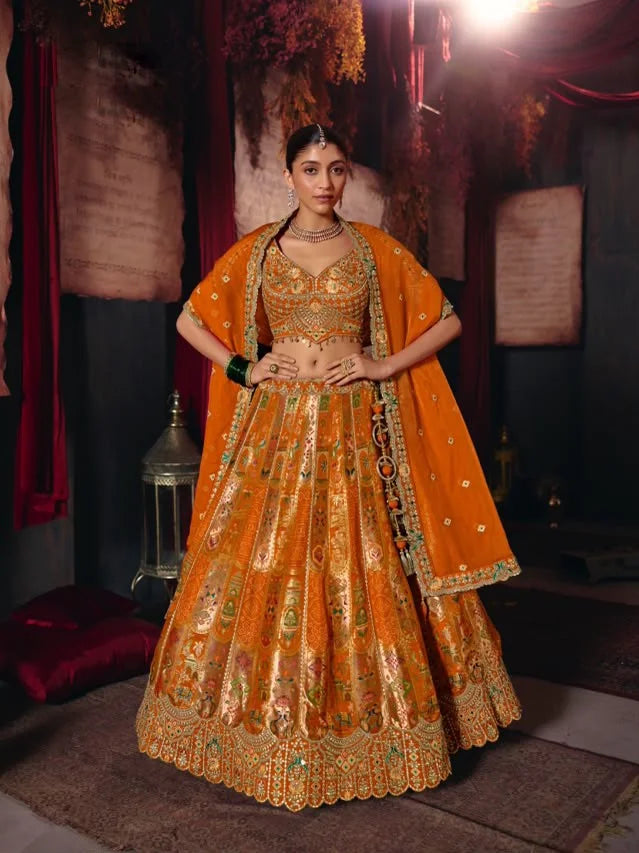 Silk Blend Orange Reception Heavy Work Readymade Lehengas