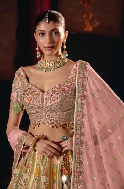 Silk Blend Pink Reception Heavy Work Readymade Lehengas