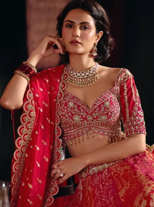 Silk Blend Red Reception Designer Work Readymade Lehengas