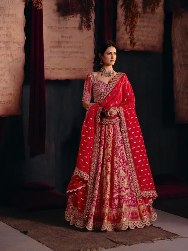 Silk Blend Red Reception Designer Work Readymade Lehengas