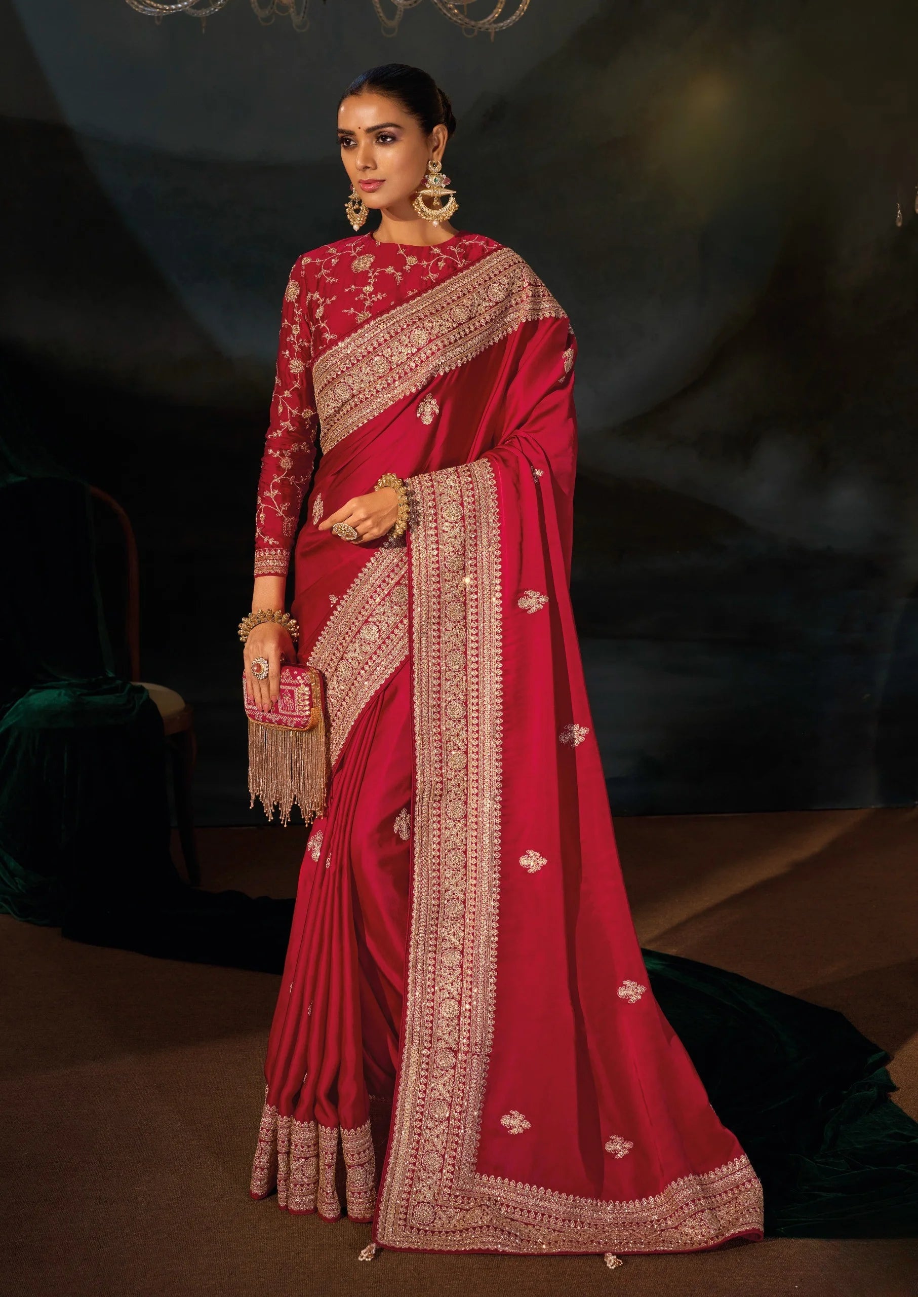 Viscose Satin Red Wedding Wear With Heavy Work Saree