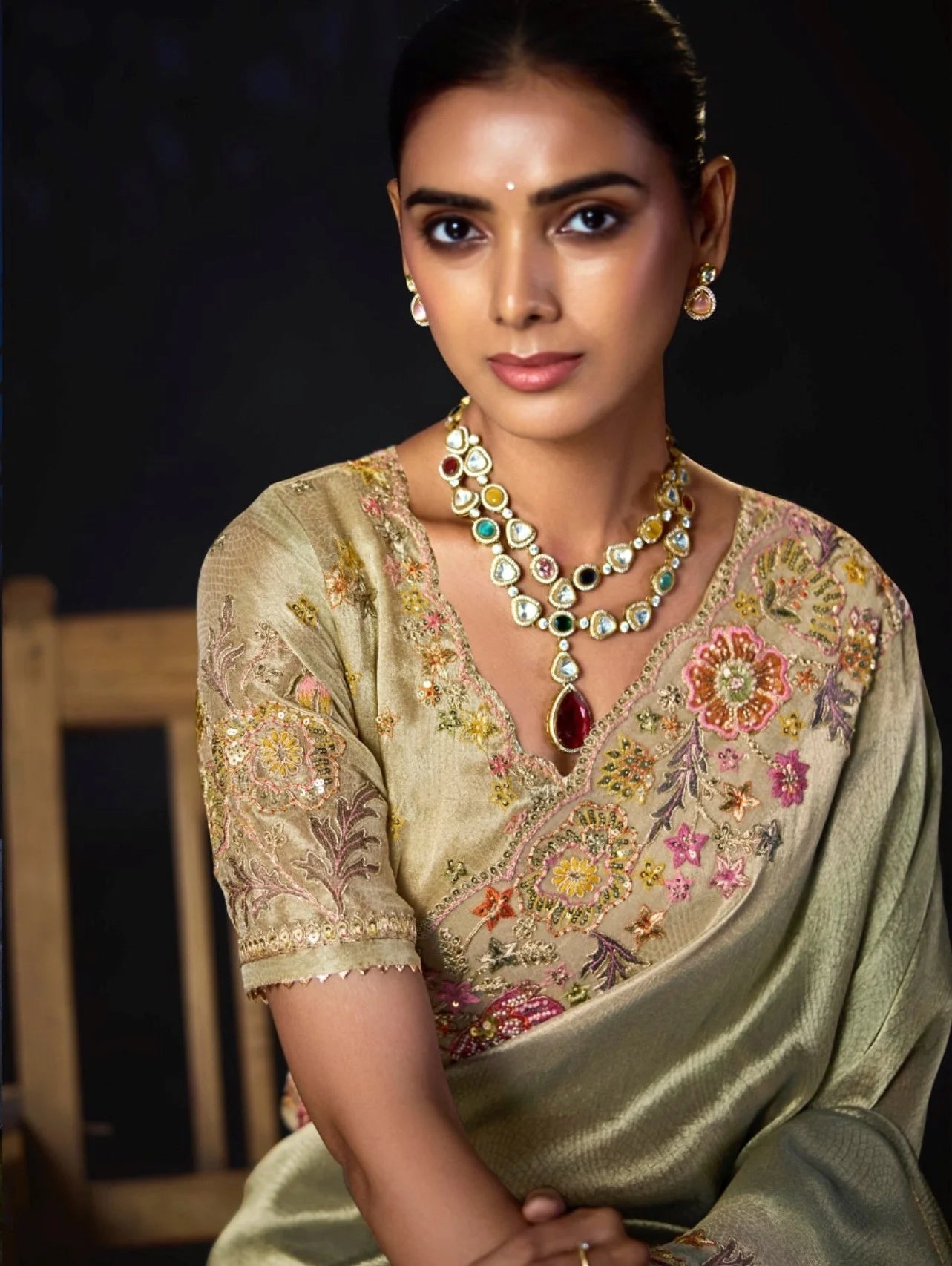 Pure Smooth Zari Beige With Thread Work