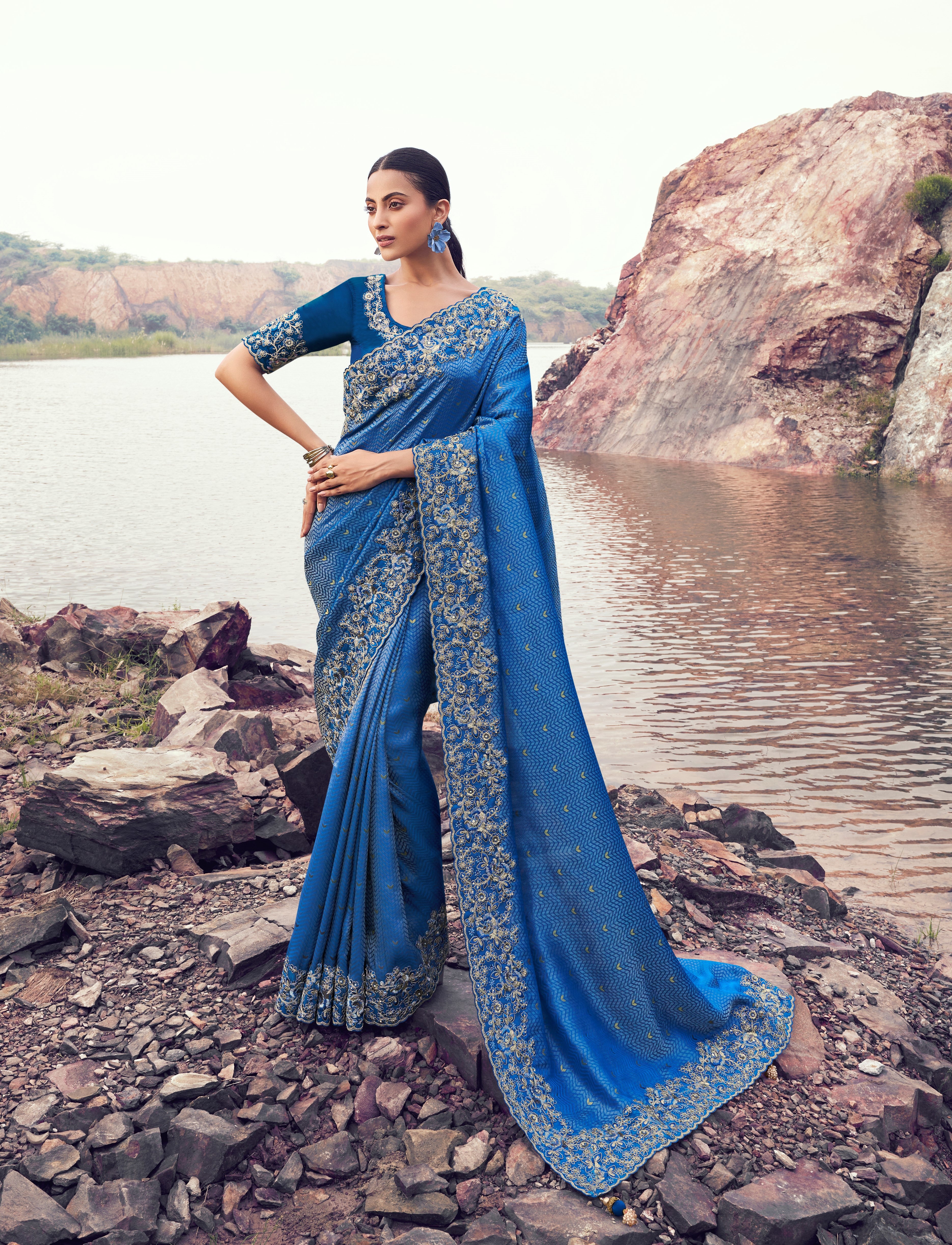 Royal Blue Pure Satin Silk Jacquard Saree